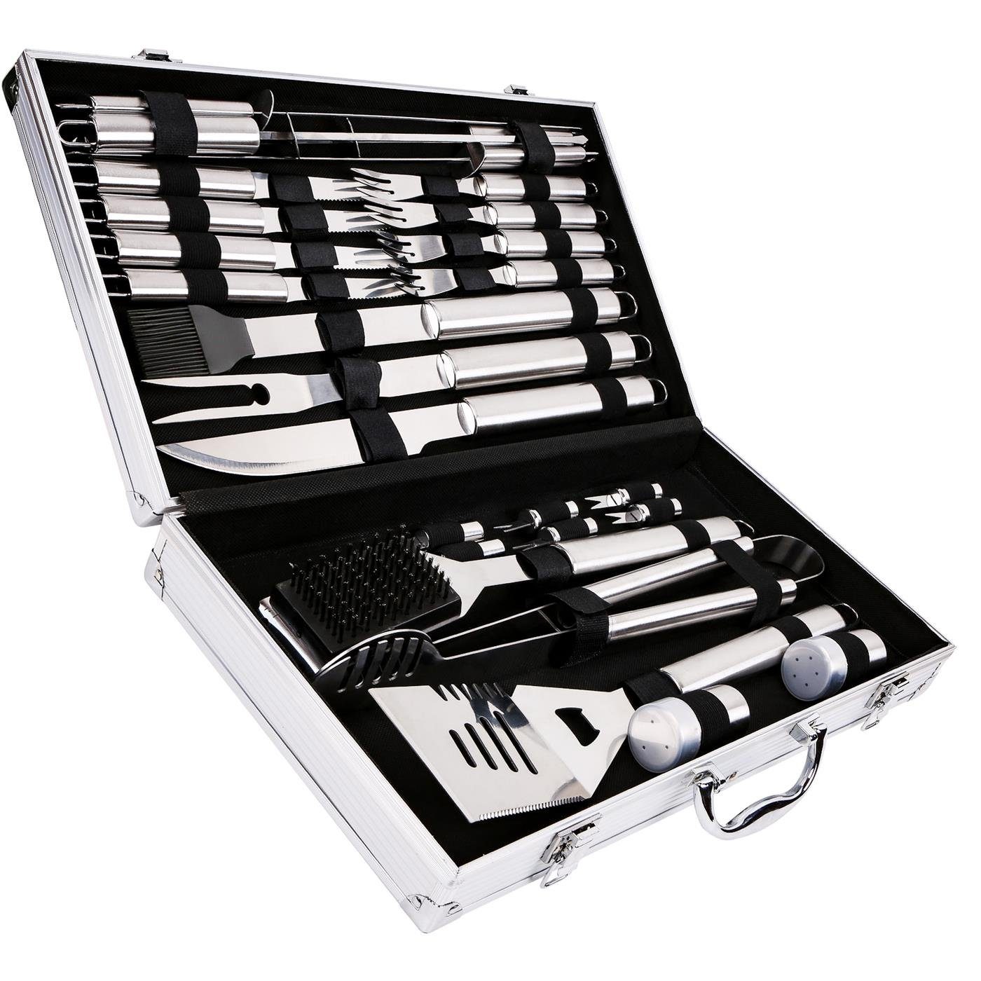 VERCO Столовые приборы для барбекю-Set BBQ Besteck für Grillfeier inkl. Alu Koffer, (27 tlg), Geschenk Set Grill Zange Fleisch Gabel Steak Ножи in Edelstahl
