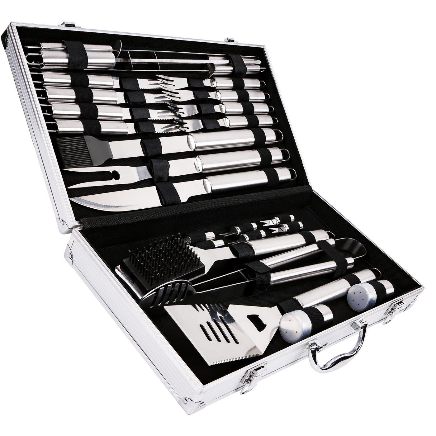 VERCO Grillbesteck-Set BBQ Besteck für Grillfeier inkl. Alu Koffer, (27 tlg), Geschenk Set Grill Zange Fleisch Gabel Steak Messer in Edelstahl