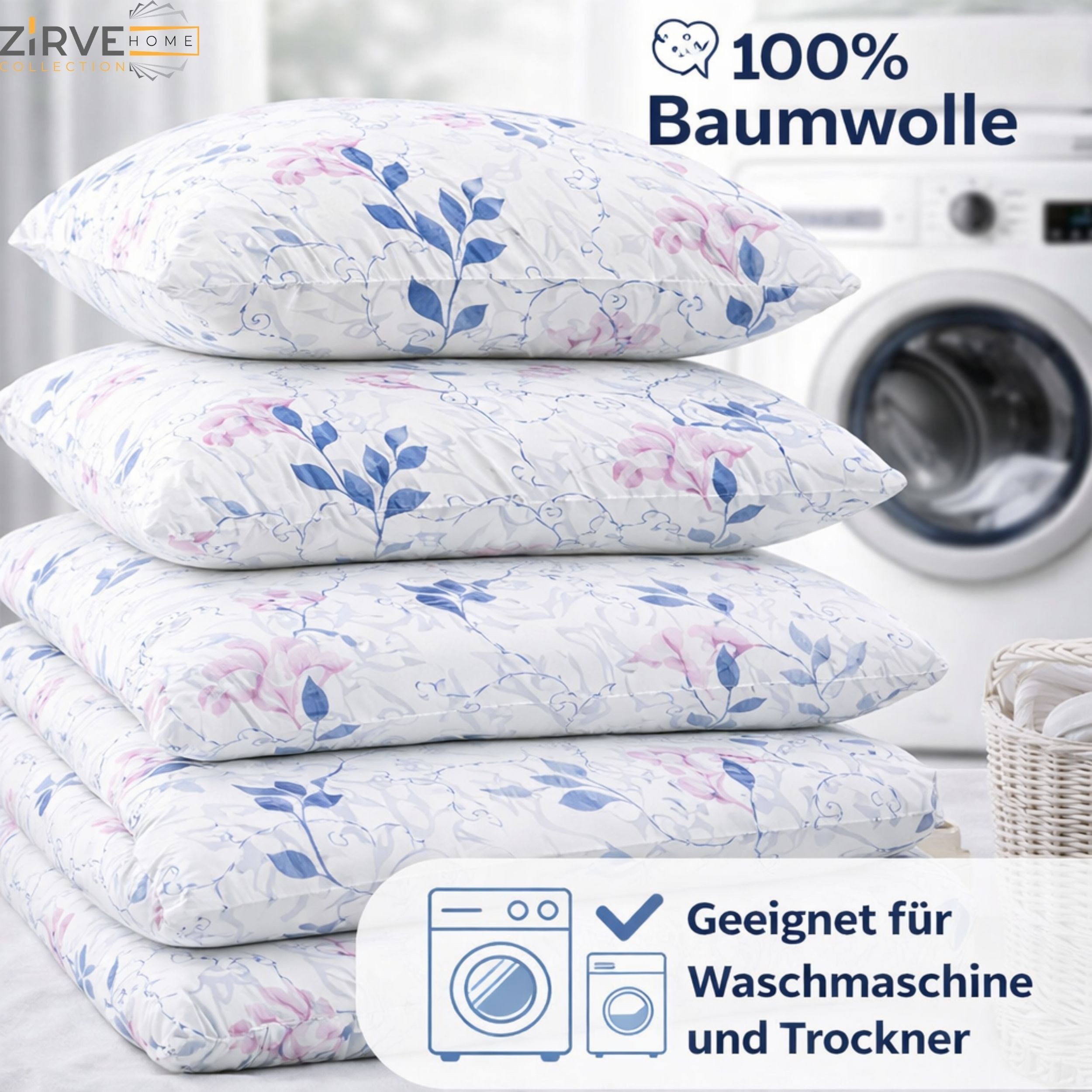 ZIRVEHOME Bettwäsche Baumwolle Bettwäsche-Set Weiß Bettbezug rosa-blauem Floralmuster, Renforce, 3 teilig, Baumwolle Bettbezug Weiß mit Blumenmuster Rosa Blau – Bild 2 von 5