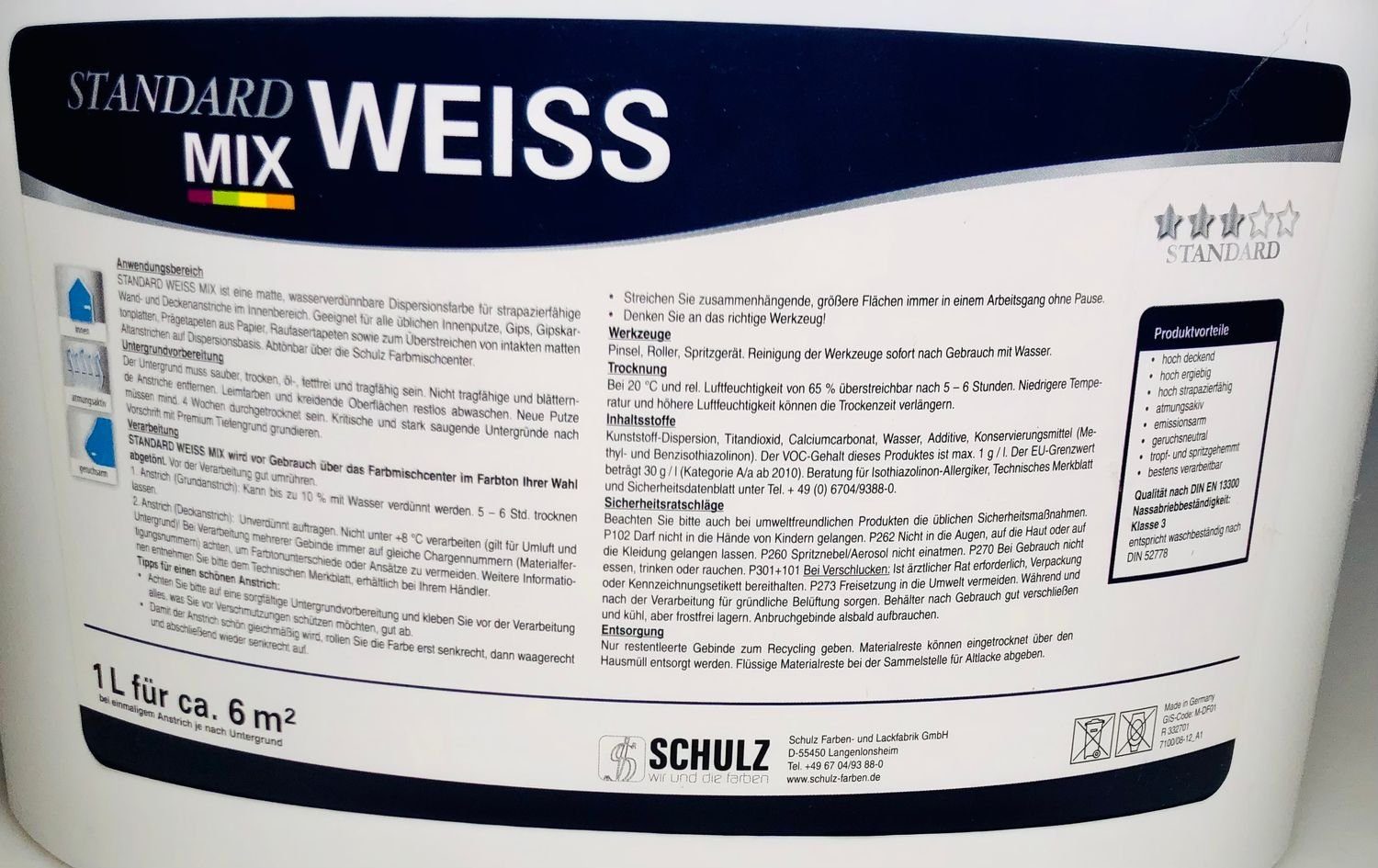 5l und Schulz Mix OPUS1 Wand Weiss Beschichtu Weiß Innenfarben Standard Anstrich Vollton- Abtönfarbe