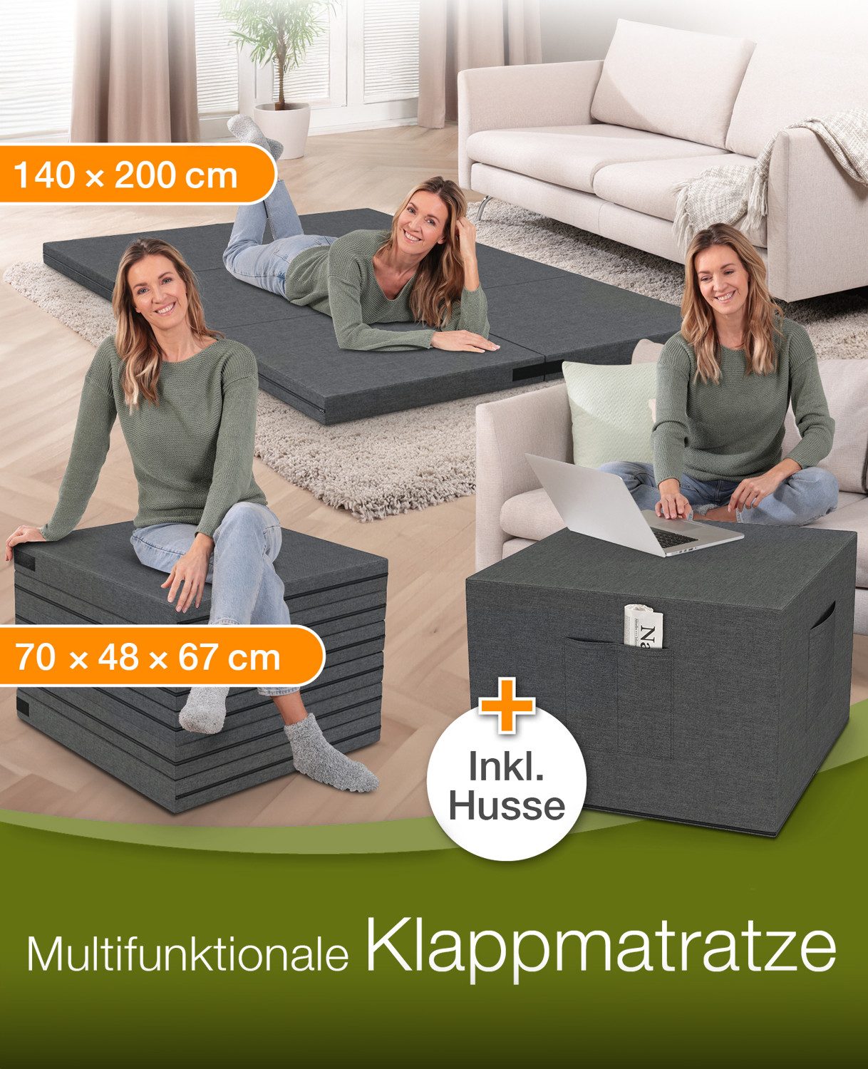 Klappmatratze multifunktional 3-in-1 Gästebett & Sitzwürfel, dibea, 8 cm hoch, multifunktional inkl. Husse