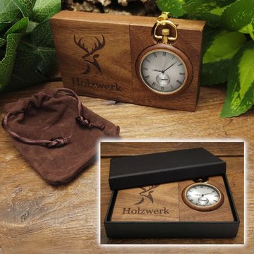 Holzwerk Taschenuhr HANNOVER 2 in 1 Holz Tisch Uhr, Kette & Etui, Braun, silber, Gold, (Set, inkl. Kette)