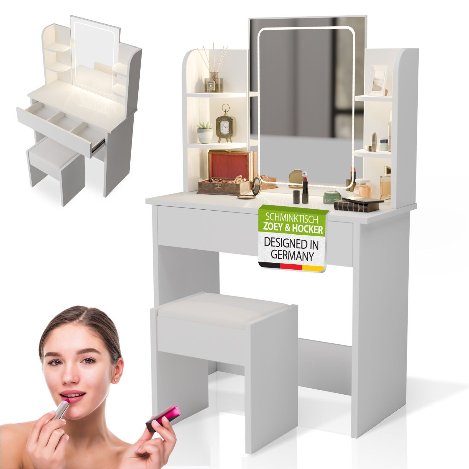 Juskys Schminktisch Zoey, Touch-LED-Spiegel mit 3 Stufen, inkl. Hocker, Sta günstig online kaufen