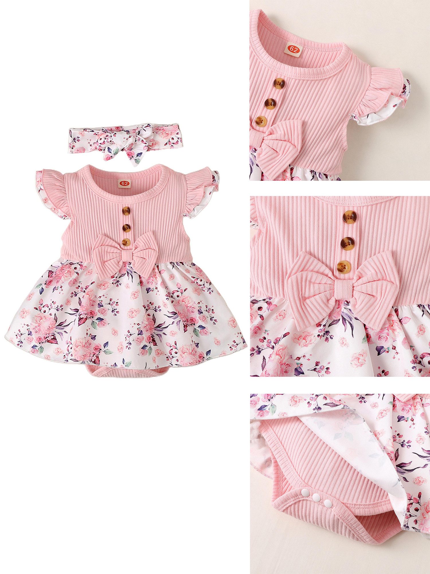 Gluckids Strampler Neugeborenes Kurzarm Blumen Strampler Outfits Baby Mädchen Body-Klied (Strampler + Stirnband Sets), 2-tlg) Sommer Overall Babykleidung Säugling Rüschen Strampler-Kleid+Stirnband
