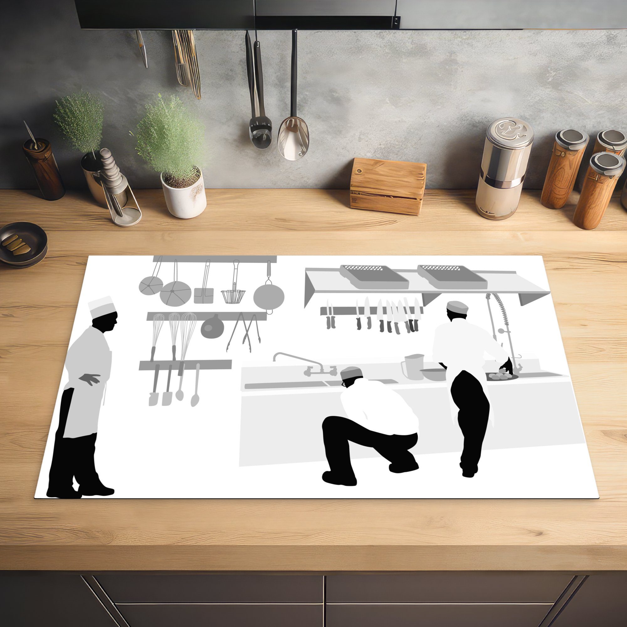 tlg), weiß, einigen Eine von 83x51 Ceranfeldabdeckung, Köchen in Illustration und cm, - schwarz küche (1 Küche Vinyl, für Arbeitsplatte MuchoWow Herdblende-/Abdeckplatte einer