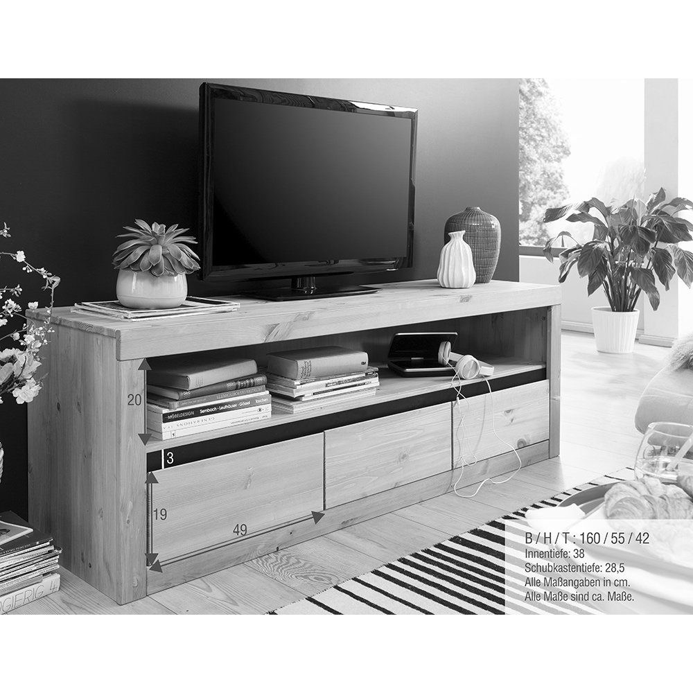 weiß Lowboard, in Massivholz, Kiefer Lomadox WILSON-69, 160 Wanboard, cm (2-tlg), TV-Wand Softclose, TV