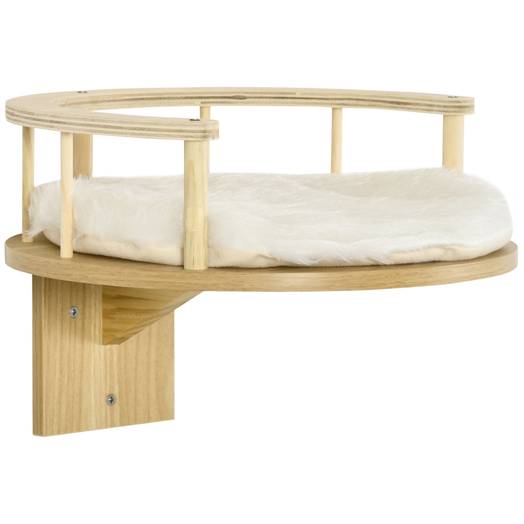 PawHut Kratzbaum Wandliege, Katzenbett, mit Schutzrand, Liegekissen, Eiche+Cremeweiß, Ø34 x 10.5H cm