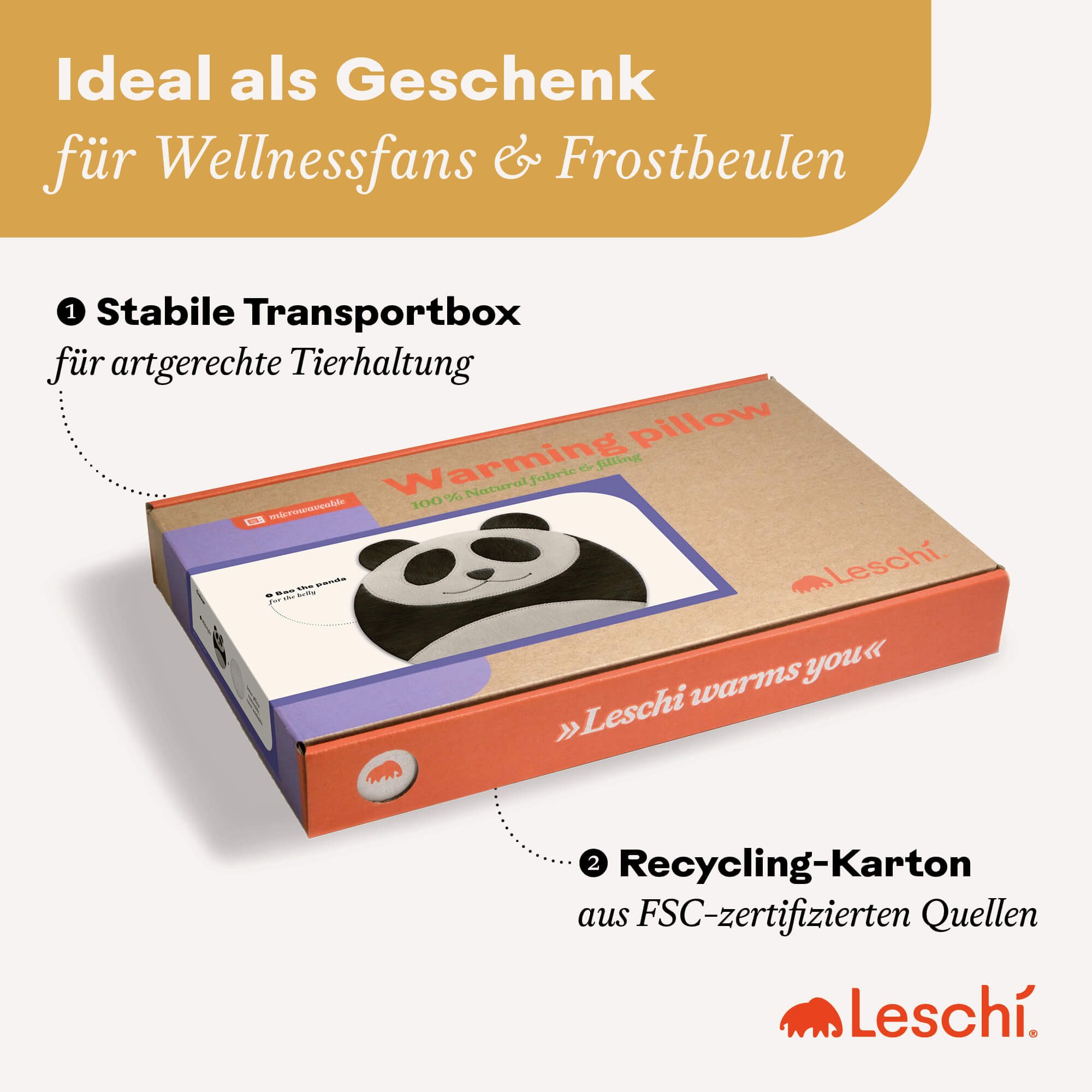 Leschi Wärmekissen mit 100 % Bio-Weizen, Körnerkissen für die Mikrowelle, waschbar, Panda