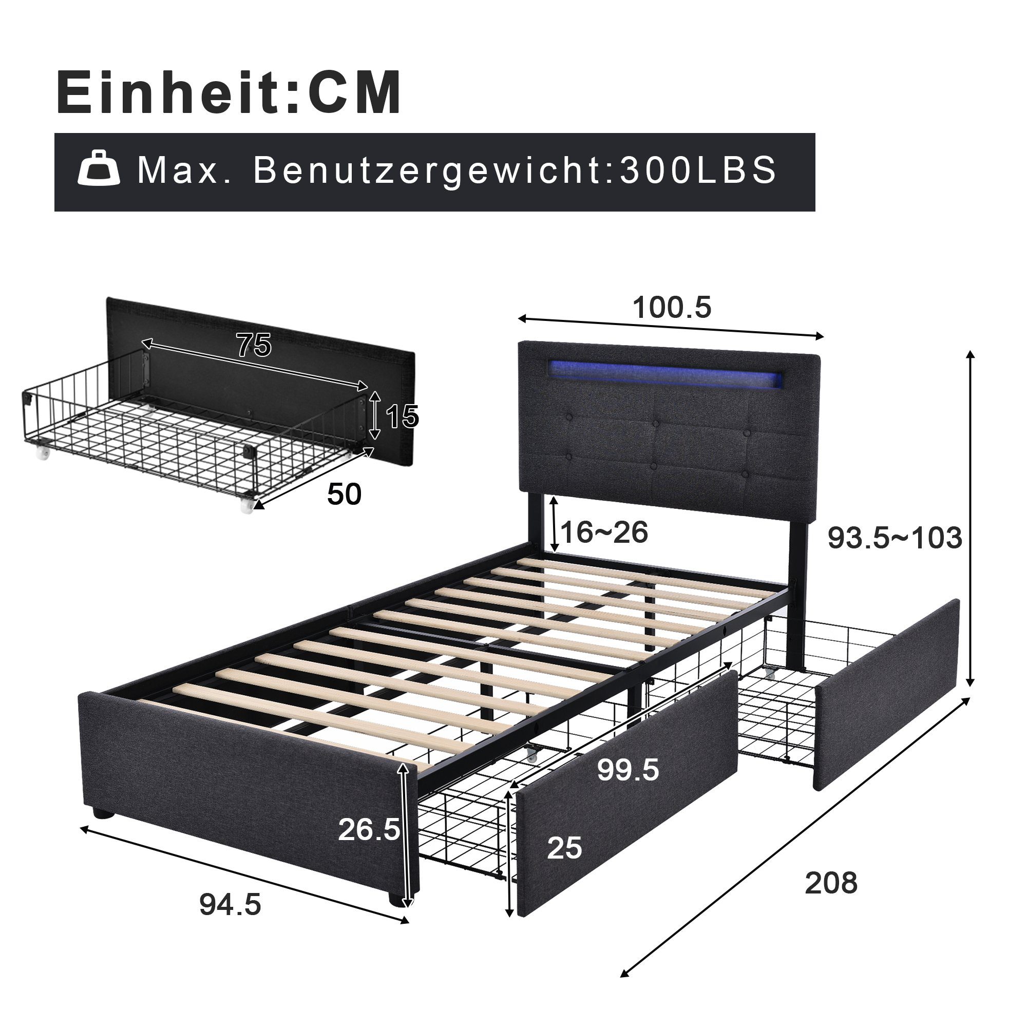 90x200cm 208x100.5x93.5-103 und (mit Schubladen), Kopfteil Höhenverstellbarem LED-Beleuchtung Polsterbett cm 2 BlingBin Grau Gesamtabmessung Einzelbett