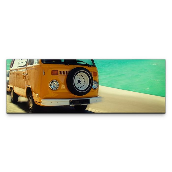 möbel-direkt.de Leinwandbild Bilder XXL Gelber Bus am Strand Wandbild auf Leinwand