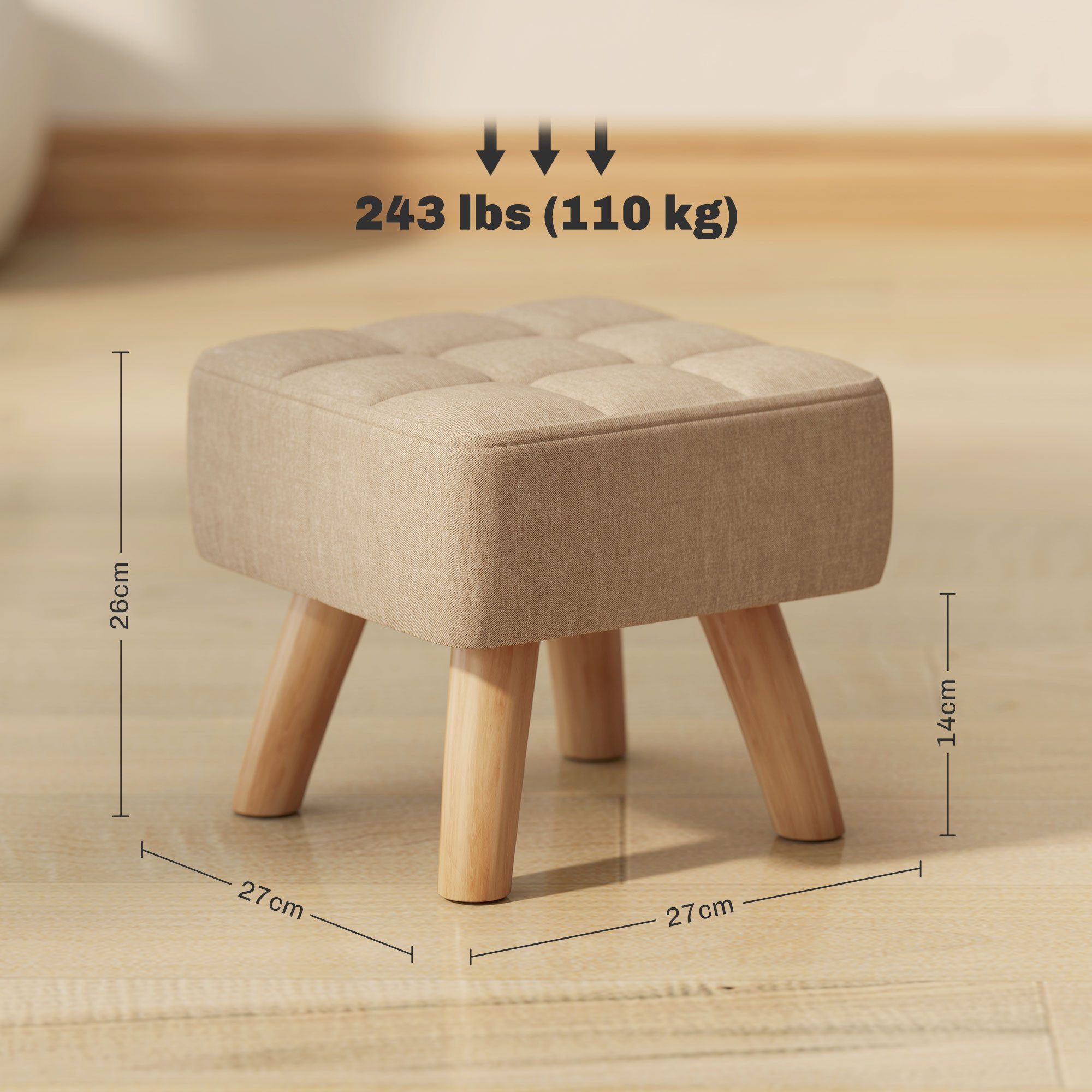 HOMCOM Fußhocker Sitzhocker Hocker quadratisch mit weichem Sitzkissen Holzbeinen (Moderner Sitzhocker, 1 St., Polsterhocker), für Schlafzimmer, Wohnzimmer, Braun