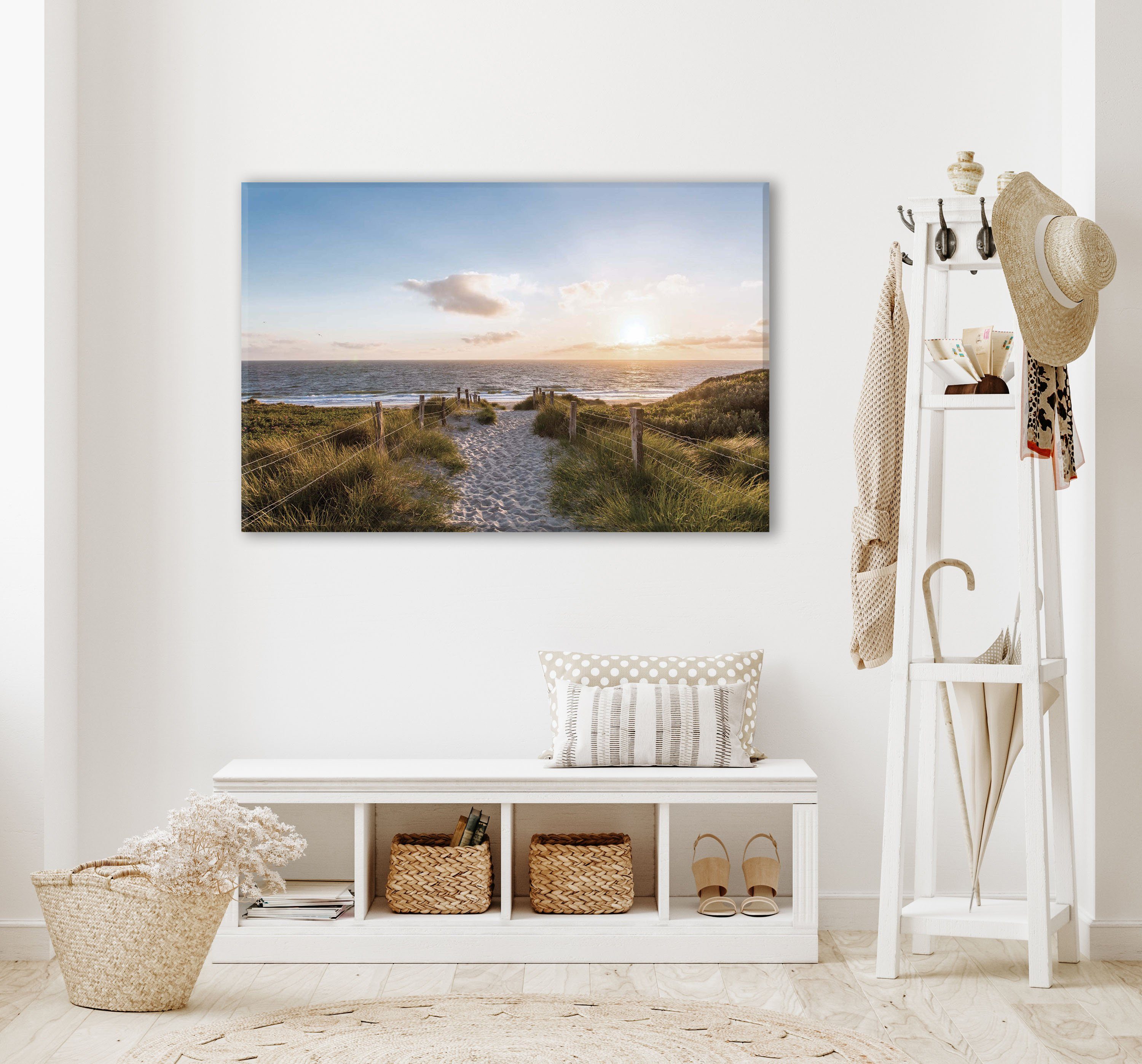 Bönninghoff Leinwandbild Wandbild STRAND – Leinwandbild Keilrahmen Deko modern, Meer, Sonnenuntergang, Strand (1 St), auf Keilrahmen gespannt