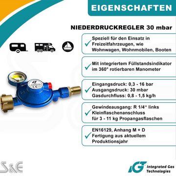 BlueCraft Druckminderer Gas-Druckregler 30 mbar, für Wohnwagen Reisemobil Boot, Gasregler, 30,00 mbar, (1-St), mit 360° Manometer Gas-Füllstandsanzeiger für Propan-Gas-Flasche