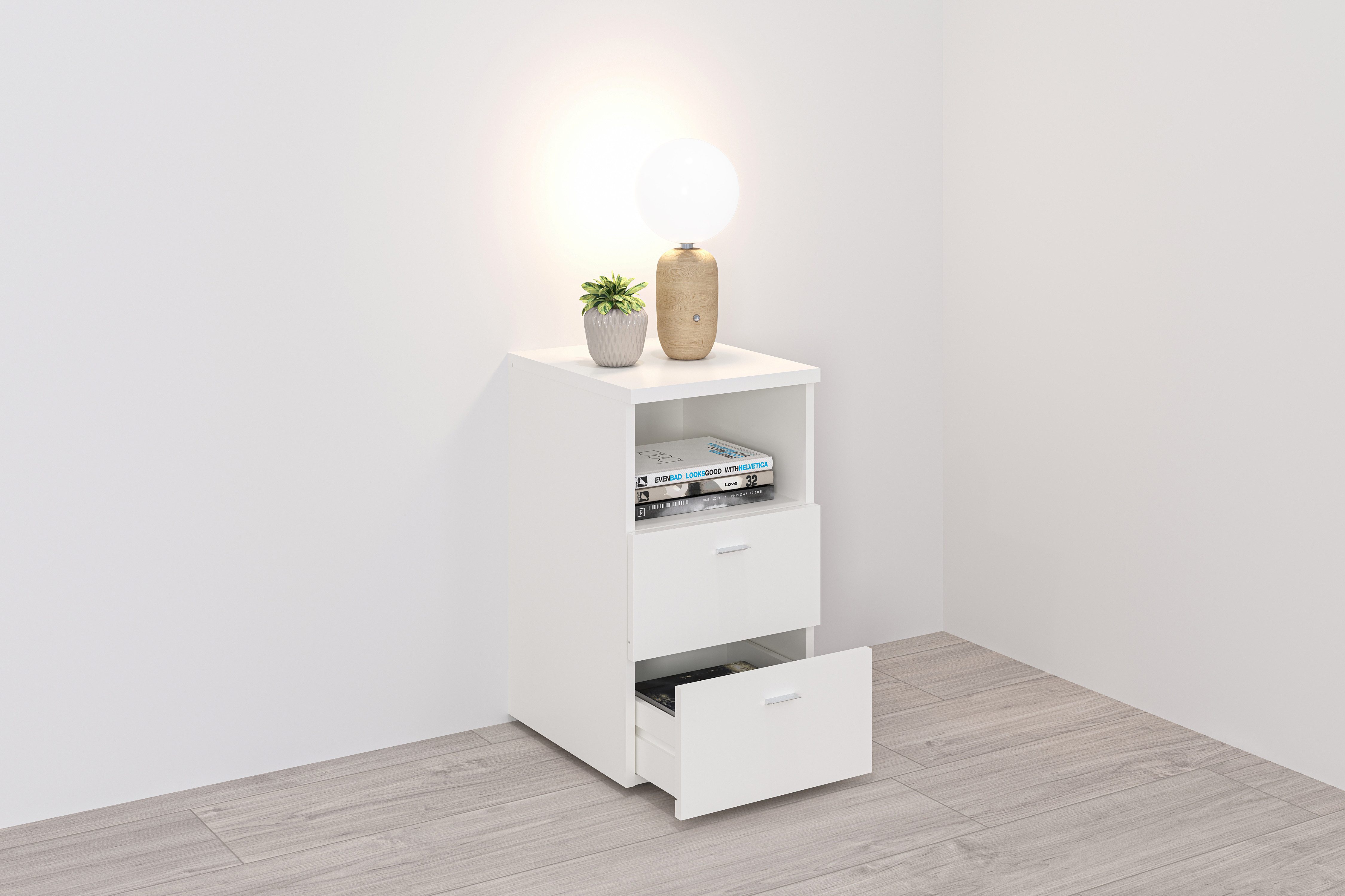 FMD Nachtkonsole Suva, Nachttisch m. 2 Schubkästen und offenem Fach, 60 cm hoch, 35 cm breit
