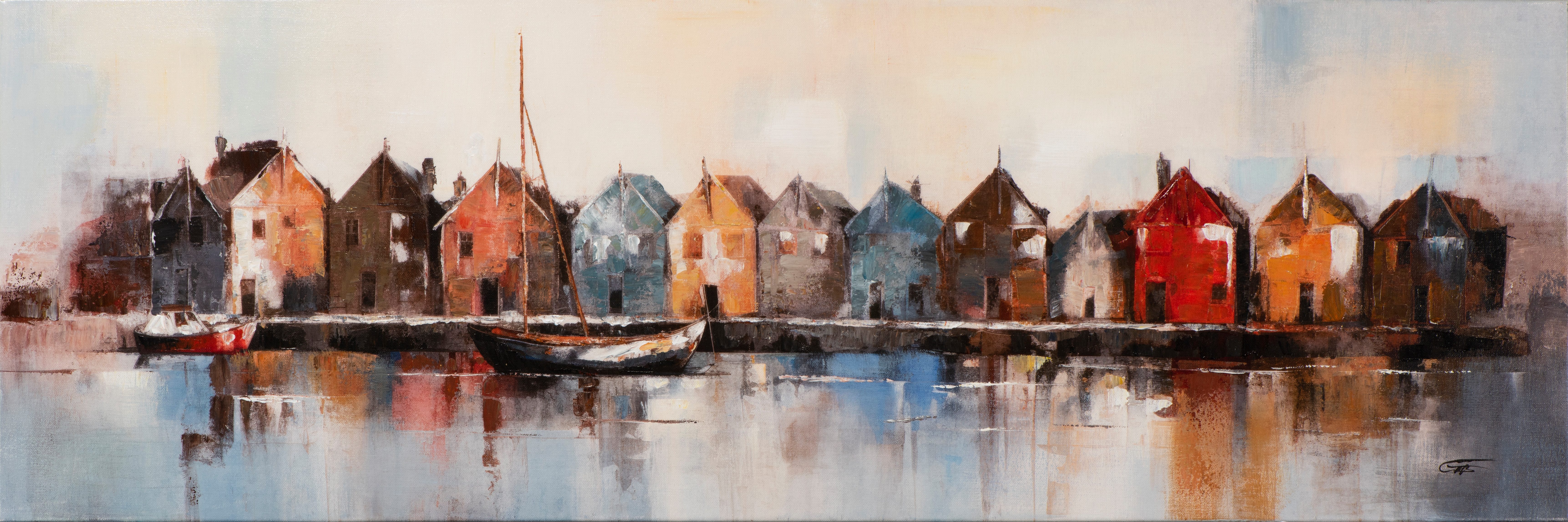 ArtUniverse Gemälde Lakeside Living 50x150 cm, Siedlung am Meer