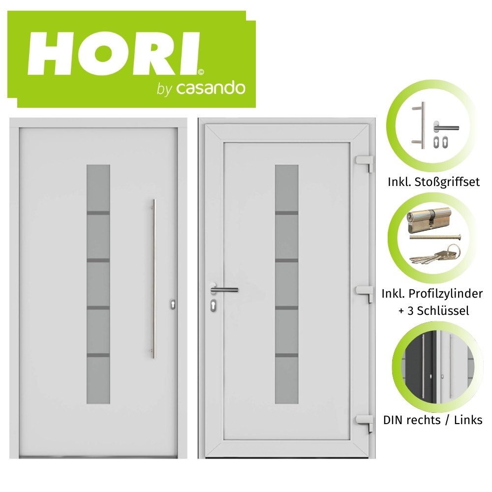 HORI Haustür HORI Haustür Safety Chain, Aluminium Kunststoff,Eingangstür (Schalldämmung, Robust, Einfache Montage, Wärmeschutz, Sonnenschutz), 1000 x 2000 mm, weiß, DIN rechts, Safety Chain