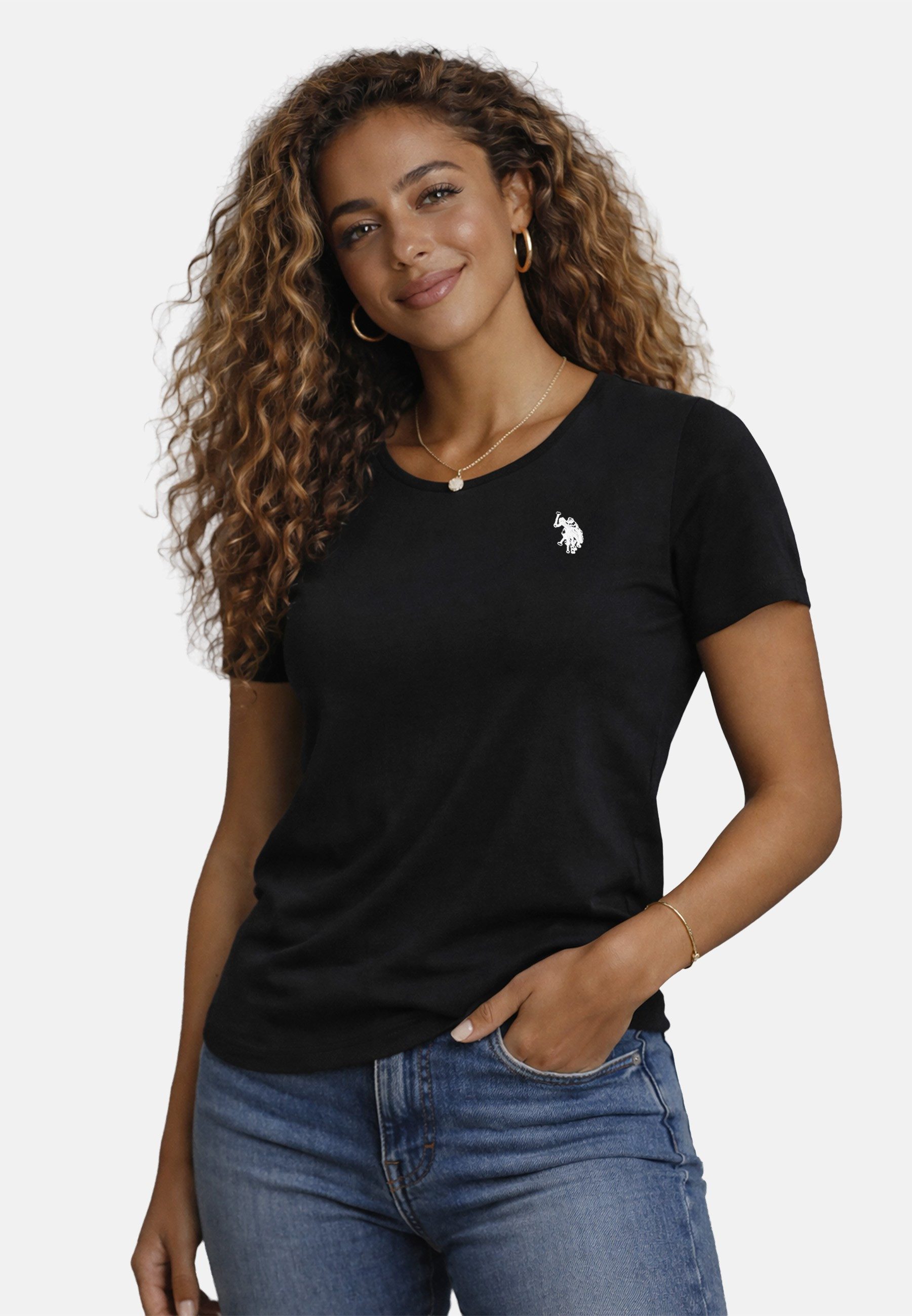 U.S. Polo Assn. T-Shirt USSareena – Damen Shirt mit Stretch-Anteil und Logo Leicht tailliert, klassischer Rundhals, dezente Logo-Stickerei