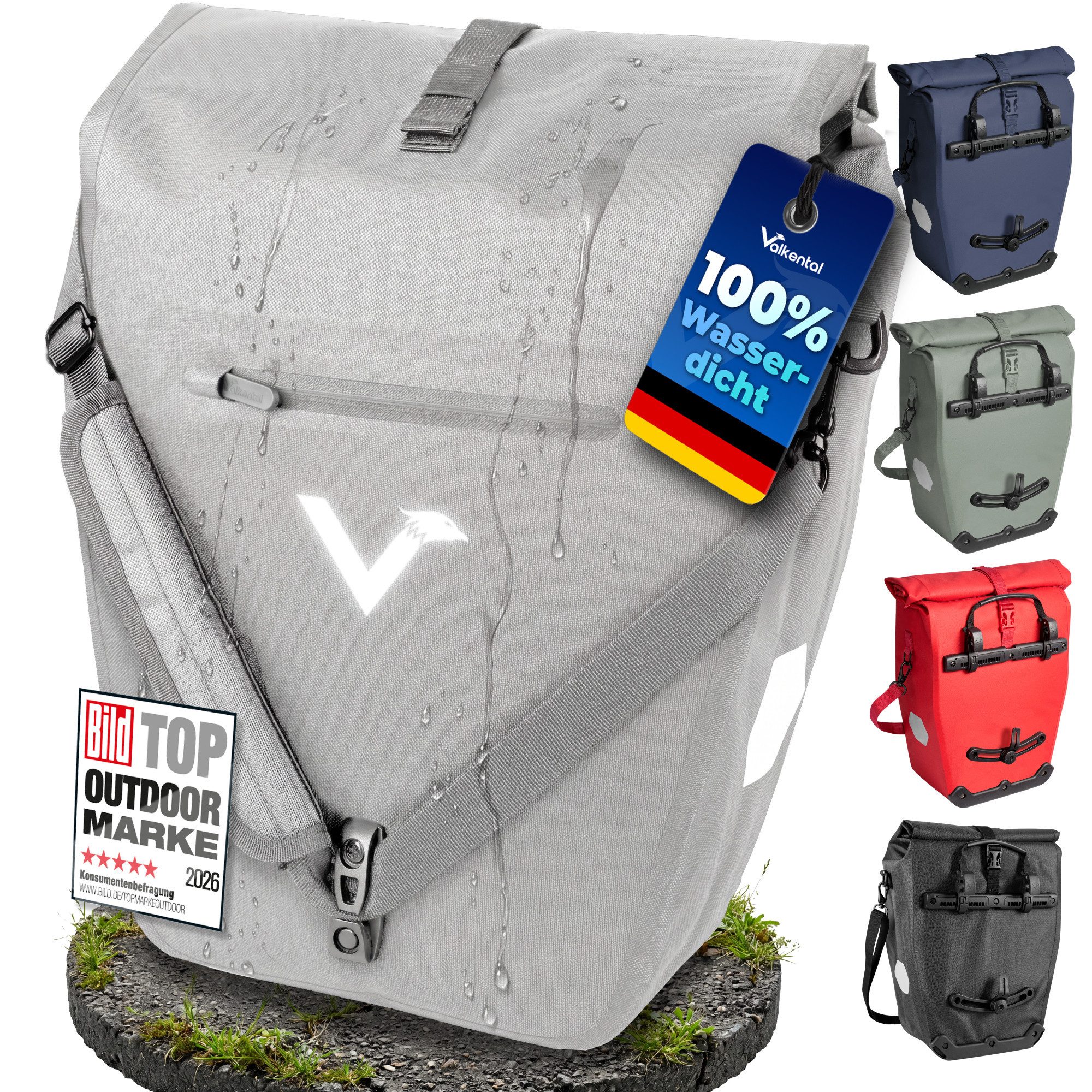 Valkental Fahrradtasche Gepäckträgertasche mit Umhängeschlauf, 2in1 wasserdicht, mit Rolltop Verschluss & Laptopfach 28L