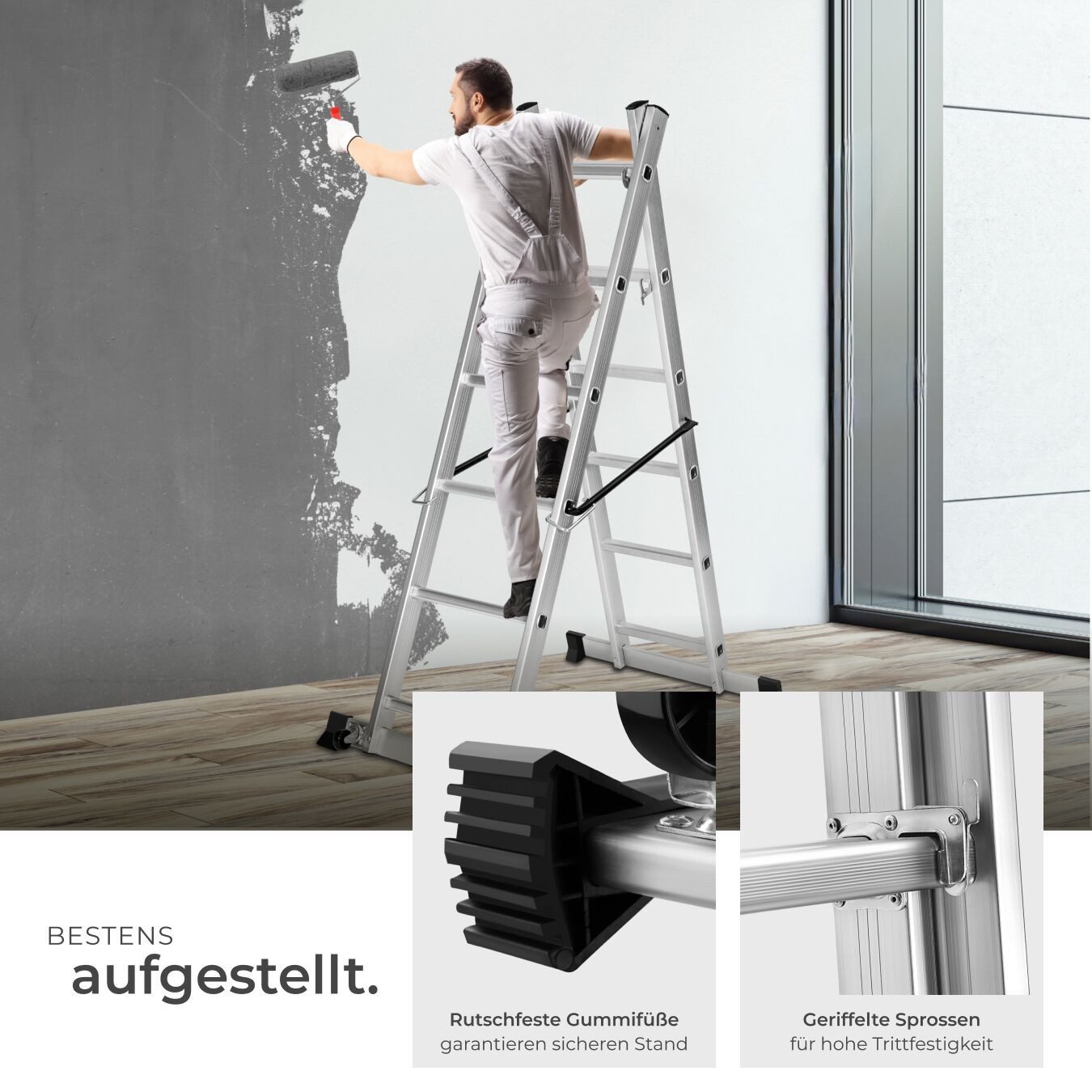 tectake Teleskopleiter Mehrzweckleiter Multigerüst Leitergerüst mit 2 praktischen Rollen (Arbeitsmittel, 4 in 1), rutschfest und stabil aus Aluminium, Belastbarkeit 150 kg