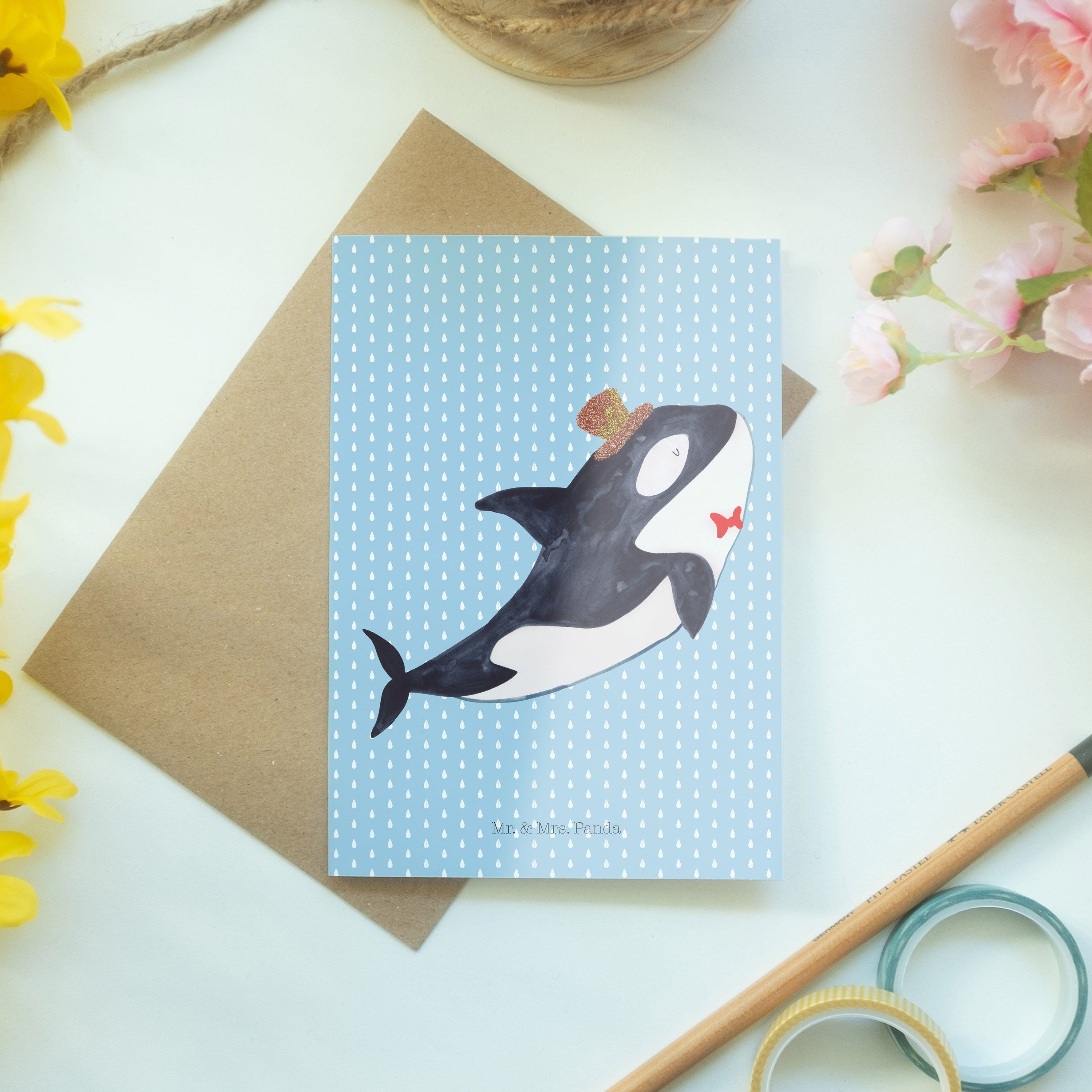 Pastell Karte, Mr. - Meer, Zylinder & Mrs. Blau Panda Gl Orca Meerestiere, - Geschenk, Grußkarte
