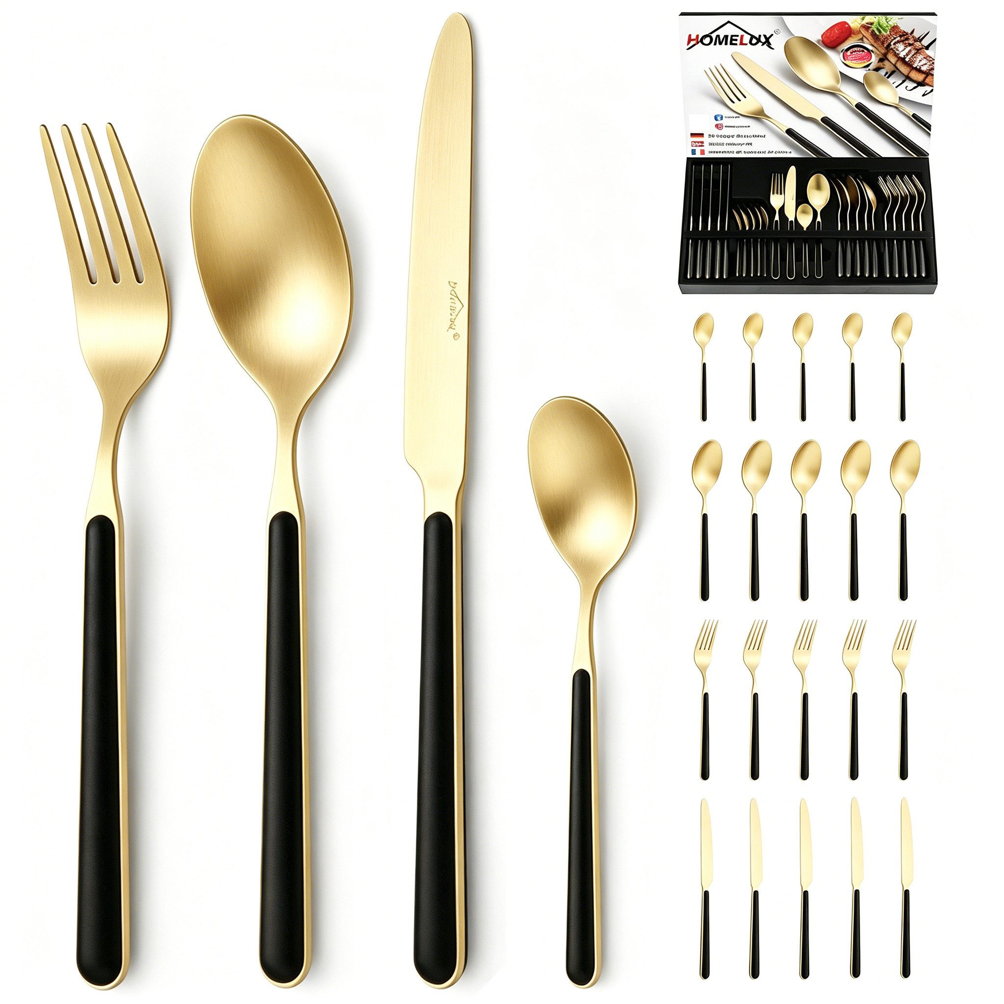 HOMELUX Besteck-Set 24tlg Besteck set,elegante Stilsicherer Optik,ergonomisch,Gold (24-tlg), 6 Personen, Edelstahl, Edelstahl,Titan-Beschichtung,Matt poliert,hochwertiger Besteckkasten