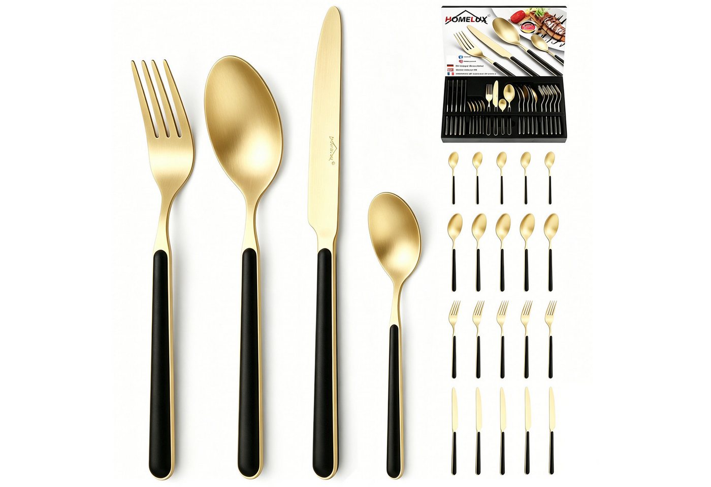 HOMELUX Besteck-Set 24tlg Besteck set,elegante Stilsicherer Optik,ergonomisch,Gold (24-tlg), 6 Personen, Edelstahl, Edelstahl,Titan-Beschichtung,Matt poliert,hochwertiger Besteckkasten