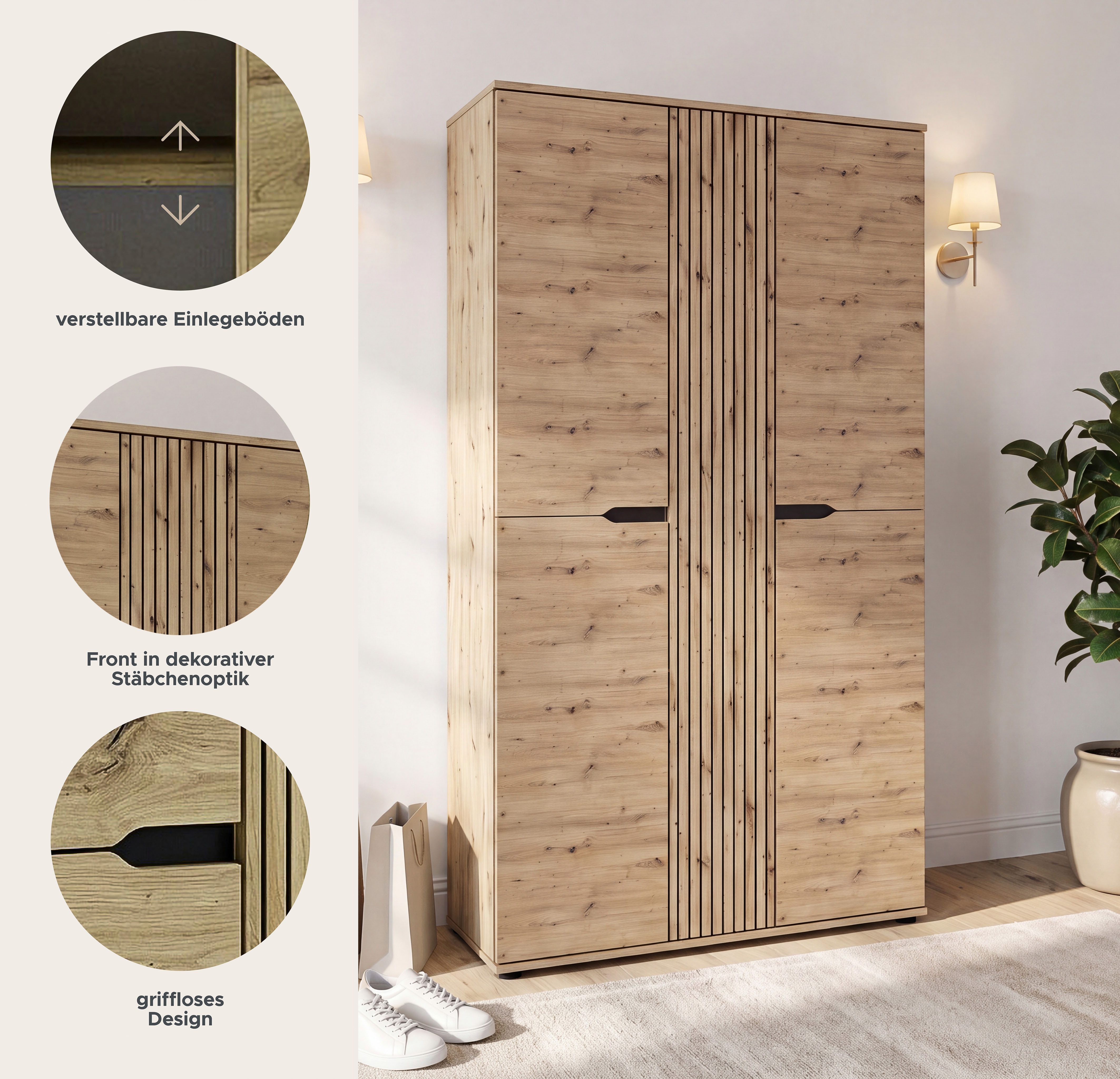 OTTO home Garderobenschrank FJELL, Breite 104cm, 3 Türen, 8 Böden, 10 Fächer, 1 Kleiderstange (hochwertig verarbeitete Längsfräsung, praktische Griffaussparung) Kleiderschrank, Schrank, Dielenschrank, Flurschrank, Mehrzweckschrank