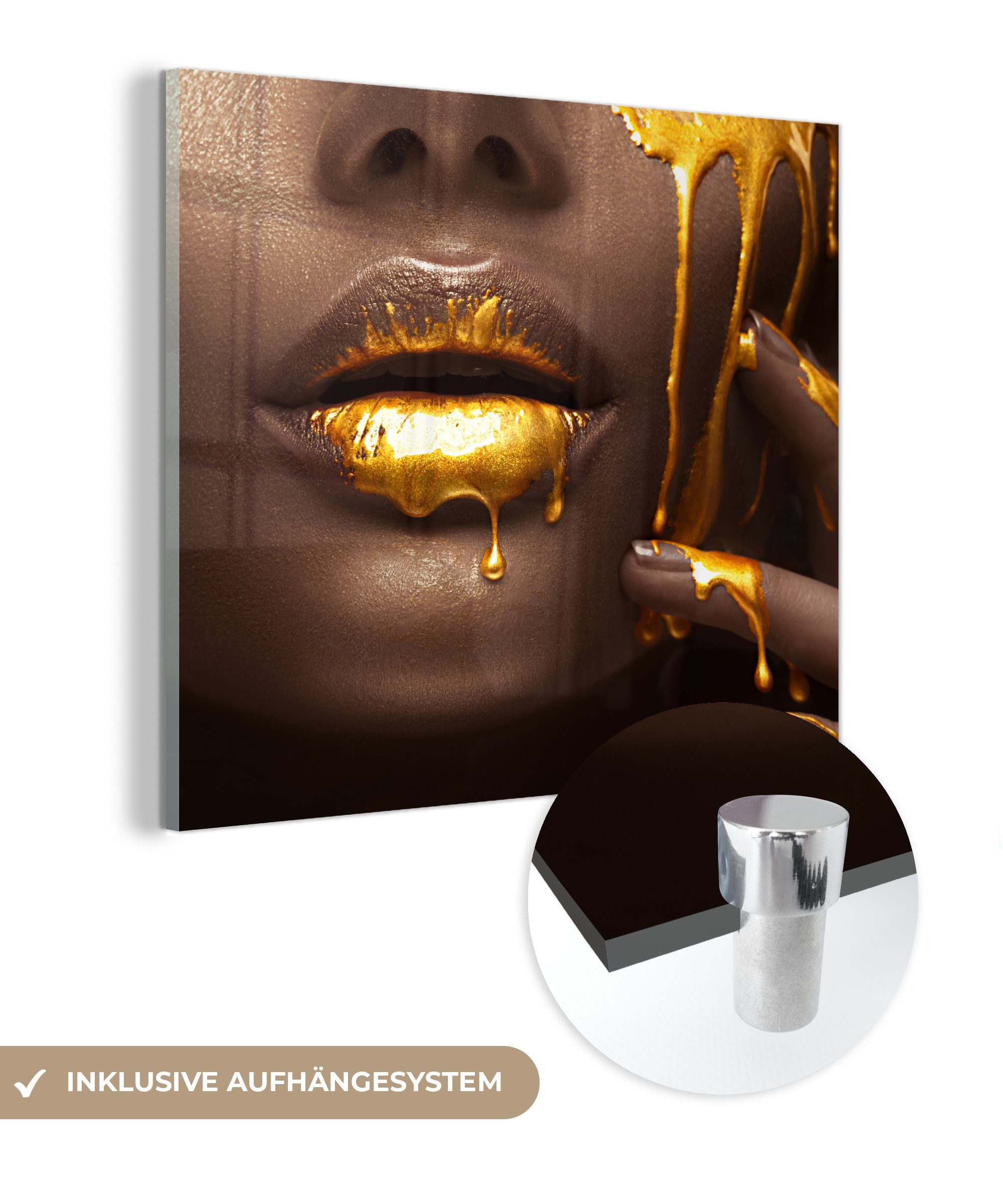 MuchoWow Acrylglasbild Gold - Frau - Farbe - Lippen - Luxus, (1 St), Glasbilder - Bilder auf Glas Wandbild - Foto auf Glas - Wanddekoration bunt