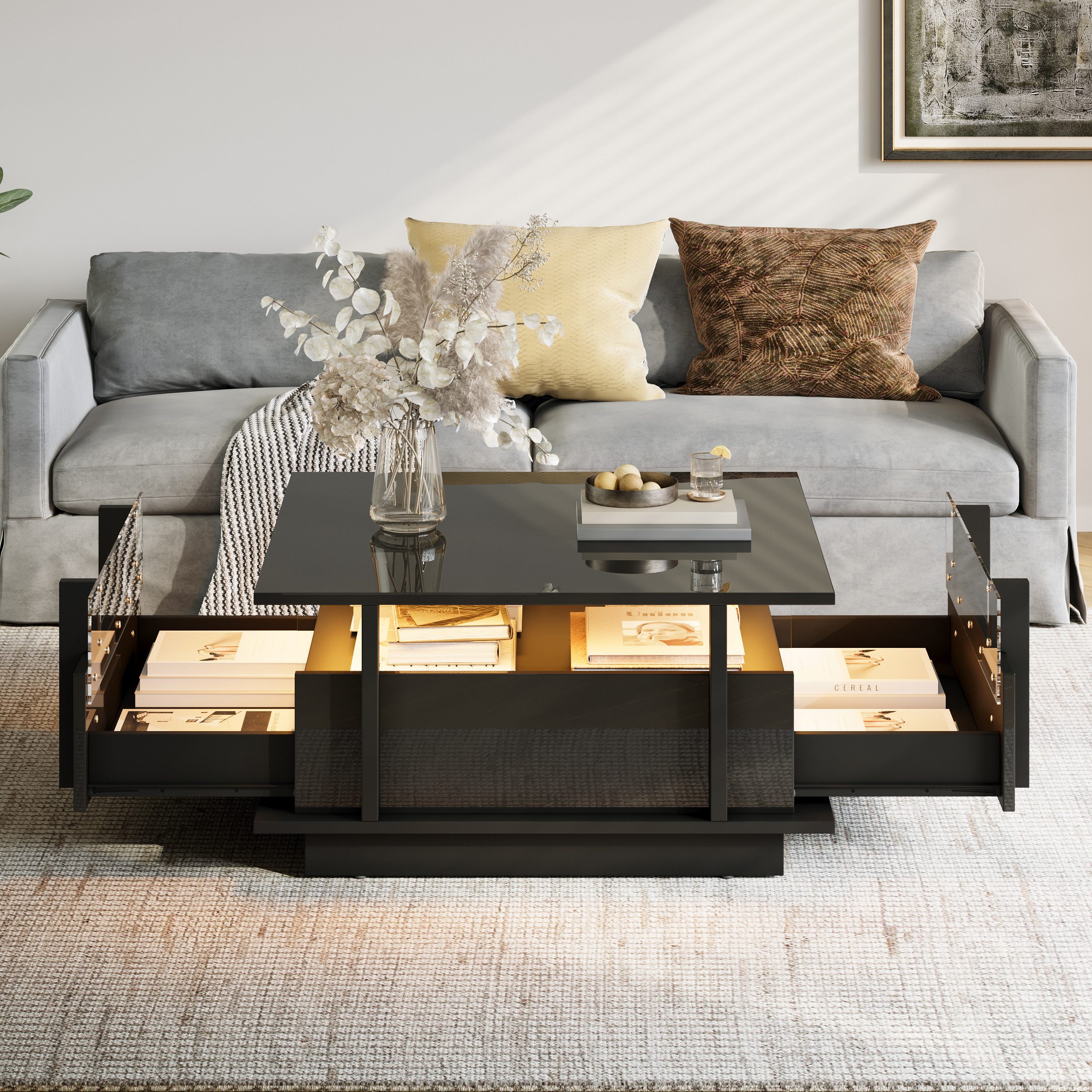 REDOM Couchtisch 70x70x35 cm Kompakter Beistelltisch als LED-beleuchtetes Objekt (Packung, 1-St., In Schwarz, mit 2 Schubladen & transparenter Acryl-Trennwand), Ideale platzsparende Lösung für kleine Wohnräume