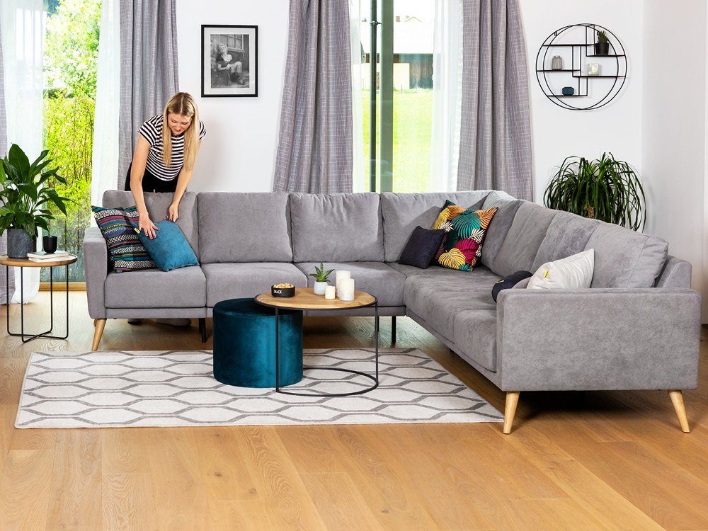 modular Ecksofa Wellenfederung, LOTTA, KAUTSCH.com made Ecksofa, System, 6-Sitzer hochwertiger erweiterbar, zerlegbares grau-blau Europe Kaltschaum, in L-Form,