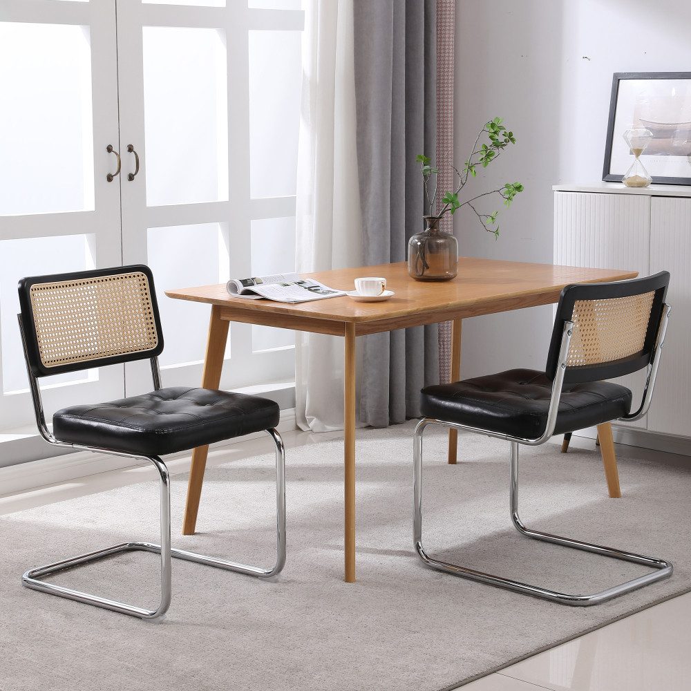 BBG Esszimmerstuhl 2er Set Esszimmerstühle Freischwinger, Moderner Küchenstuhl (Metallgestell Chrom, Wohnzimmer Stuhl Braun/Schwarz, 2 St), Mid Century Rattan Stuhl mit Kunstleder Sitz gepolstert
