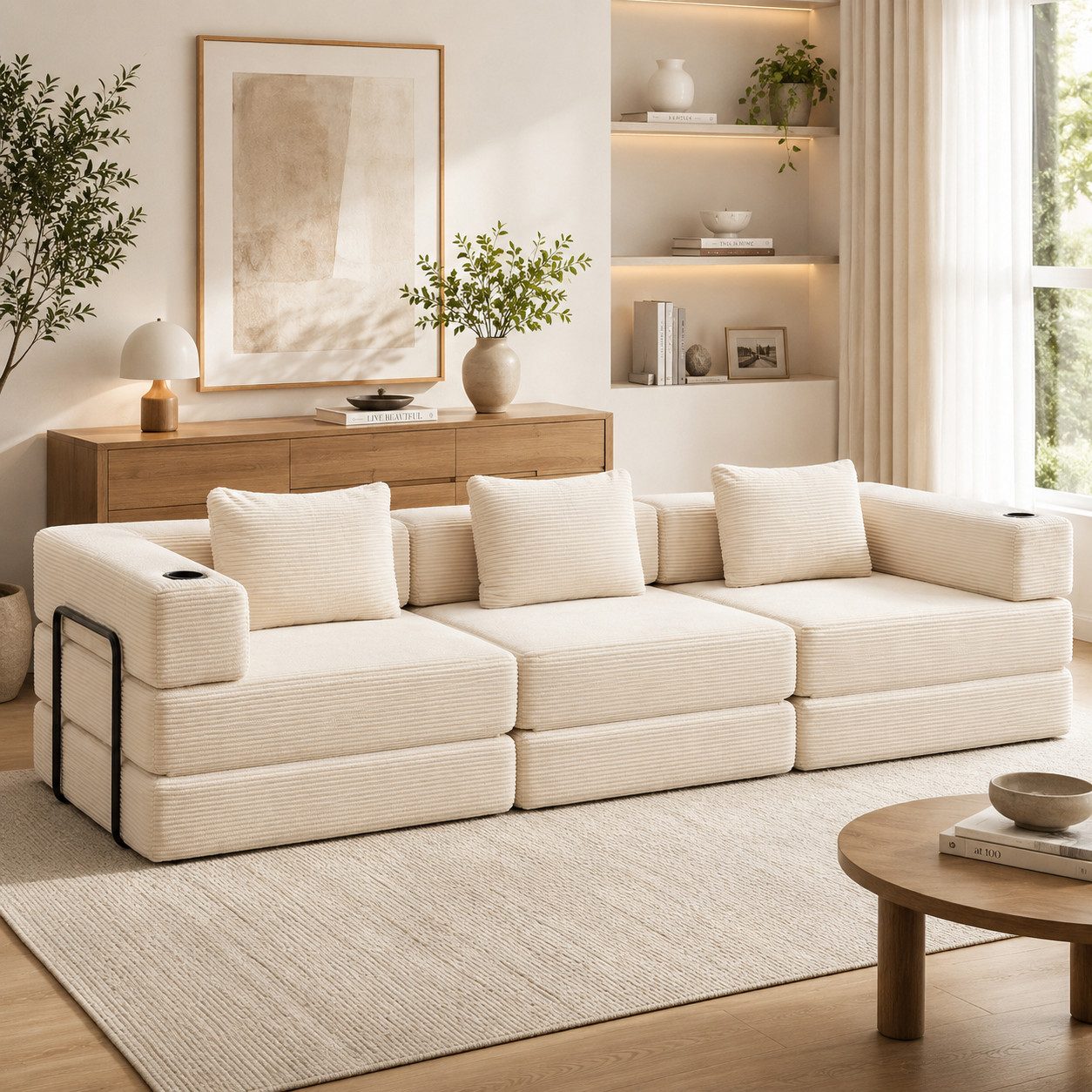 Vankel Sofa Sofas Wohnzimmer, 3-Sitzer Sofa mit Bettfunktion aus Cord, Modulares Schlafsofa, flexibel und bequem mit Kissen