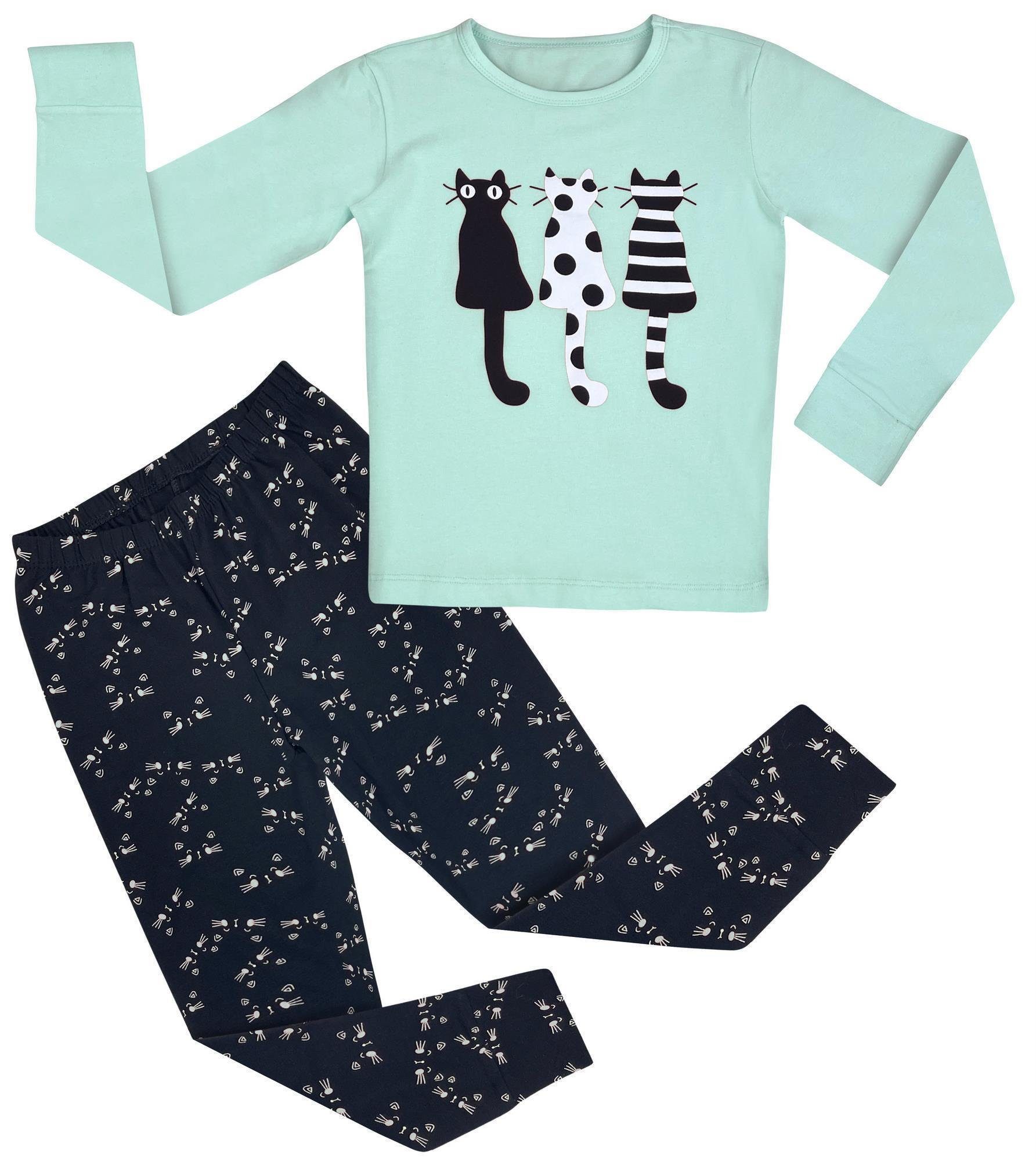 92-17 LOREZA 2 Schlafanzug langarm Pyjama Hausanzug Mint Set Baumwolle Katze tlg) (Set, Mädchen Pyjama