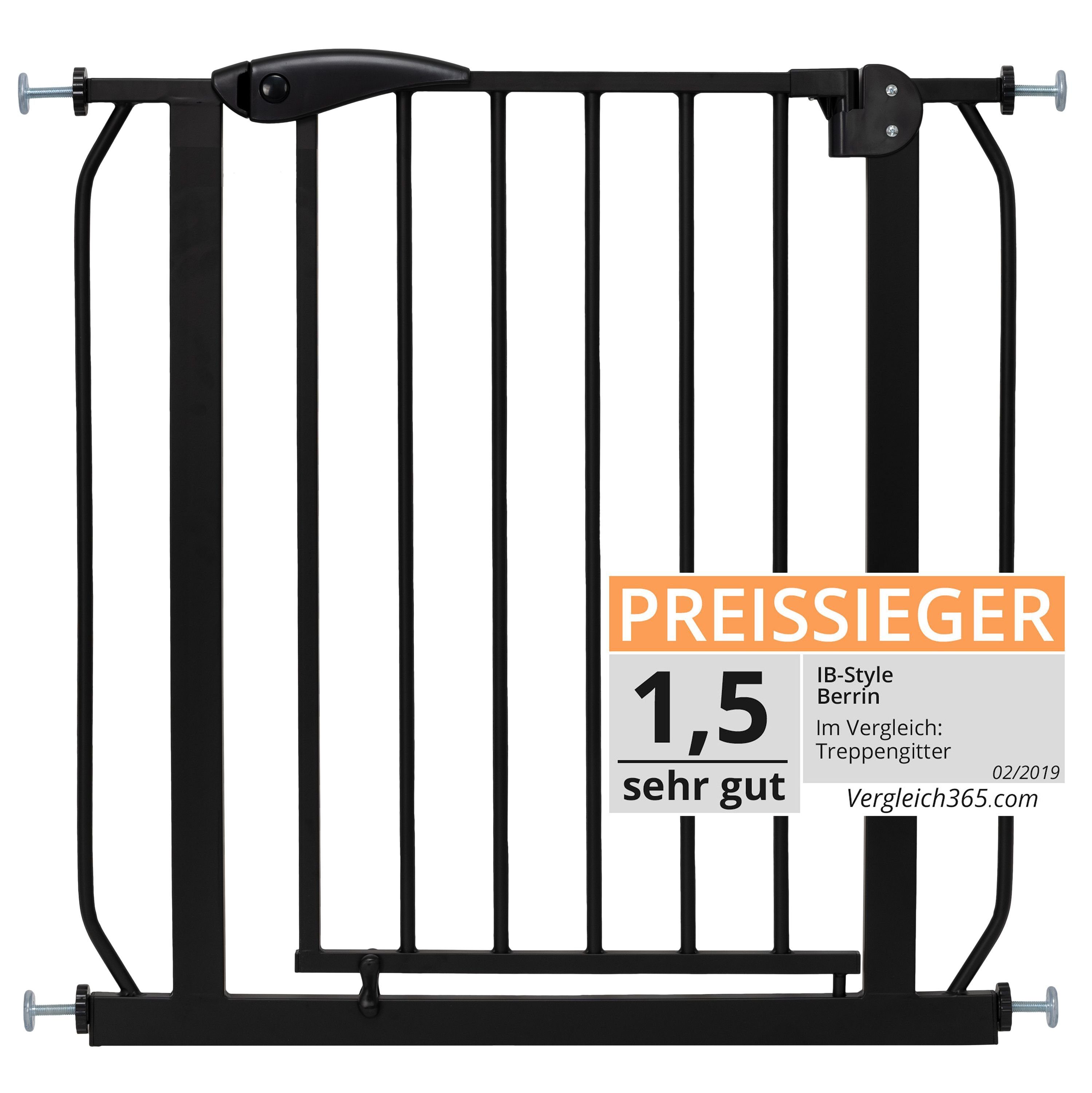 ib style Türschutzgitter Treppengitter Berrin 75-85 cm schwarz, Treppenschutzgitter - Sicherheitsgitter - kein Bohren - 90° Stopp