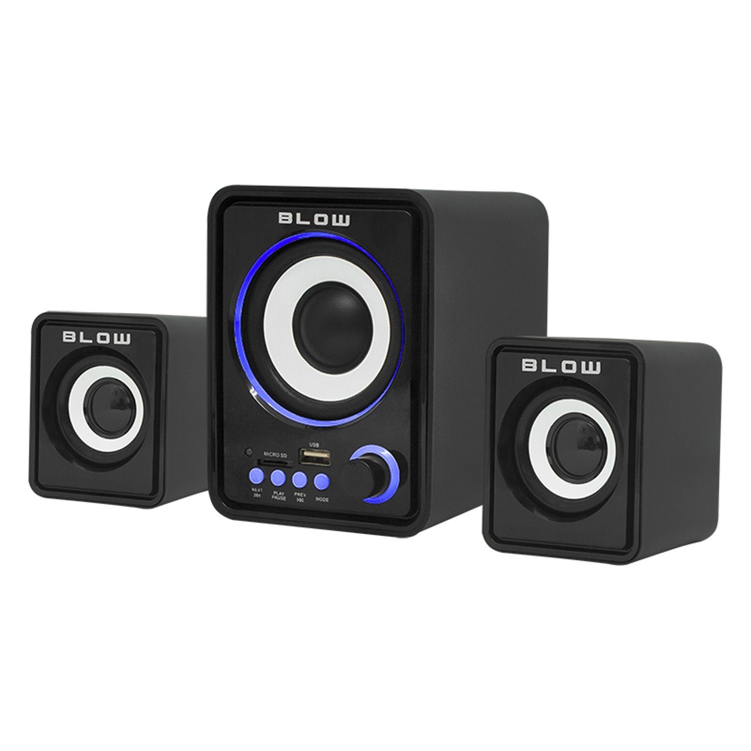 BLOW MS-26 2.1 2.1 Soundsystem (11 W, USB, AUX, MicroSD, Lautstärkeregelung, Blaue Bleuchtung)