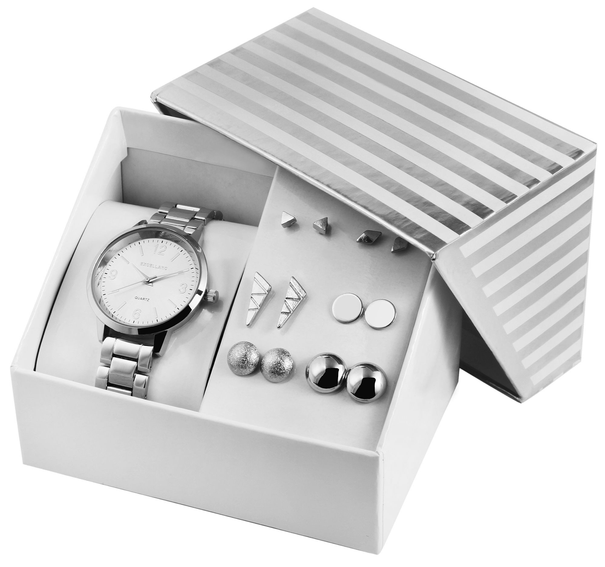 Schmuckset Hadil Excellanc Geschenkset Damen, Uhr, sechs Paar Ohrstecker