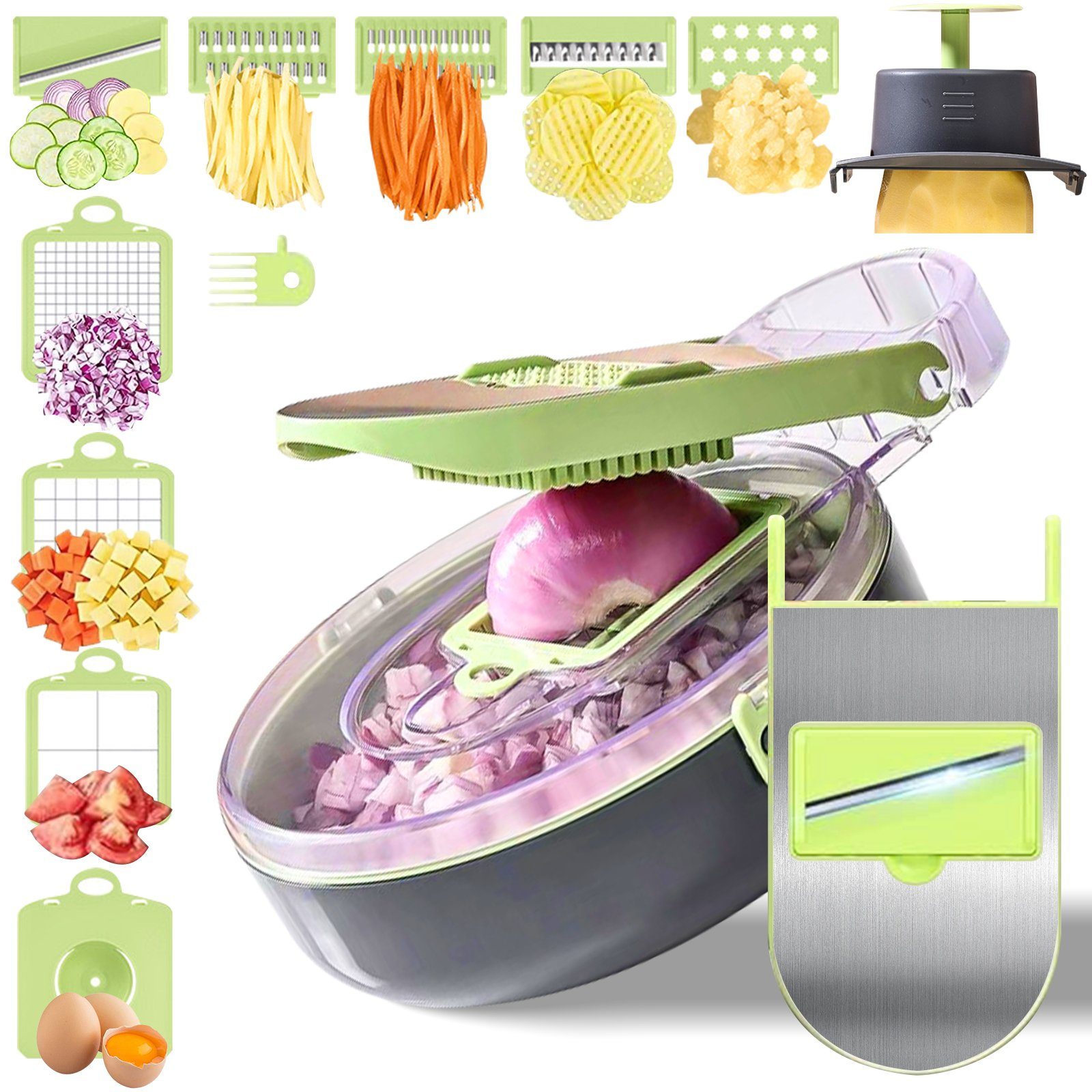 INTEBIKI Овощерезка 13 in 1 Gemüsehobel edelstahl für Würfe, Scheiben, schreddern, 0,00 W, Zwiebelschneider, pommesschneider, küchen helfer, ABS