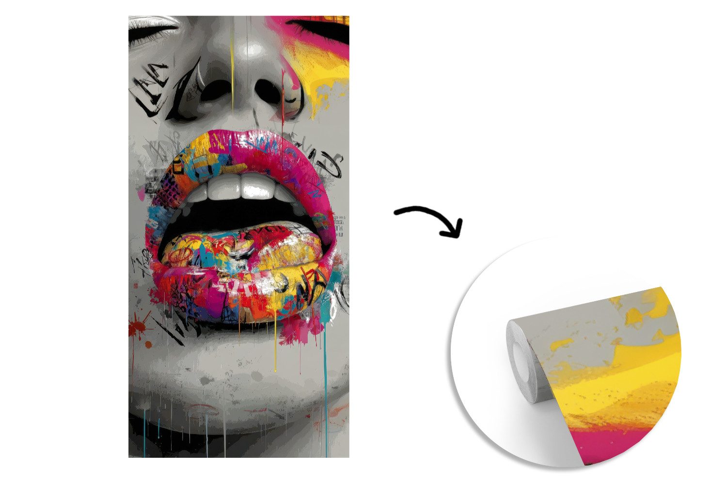 MuchoWow Fototapete Lippen - Graffiti - Ausdrucksstark, Matt, bedruckt, Vliestapete für Wohnzimmer Schlafzimmer Küche, Fototapete, 120x240 cm – Bild 3 von 5