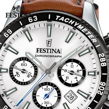 Festina Quarzuhr Festina Herrenuhr Timeless Chronograph, Herren Armbanduhr rund, Lederarmband braun, Elegant