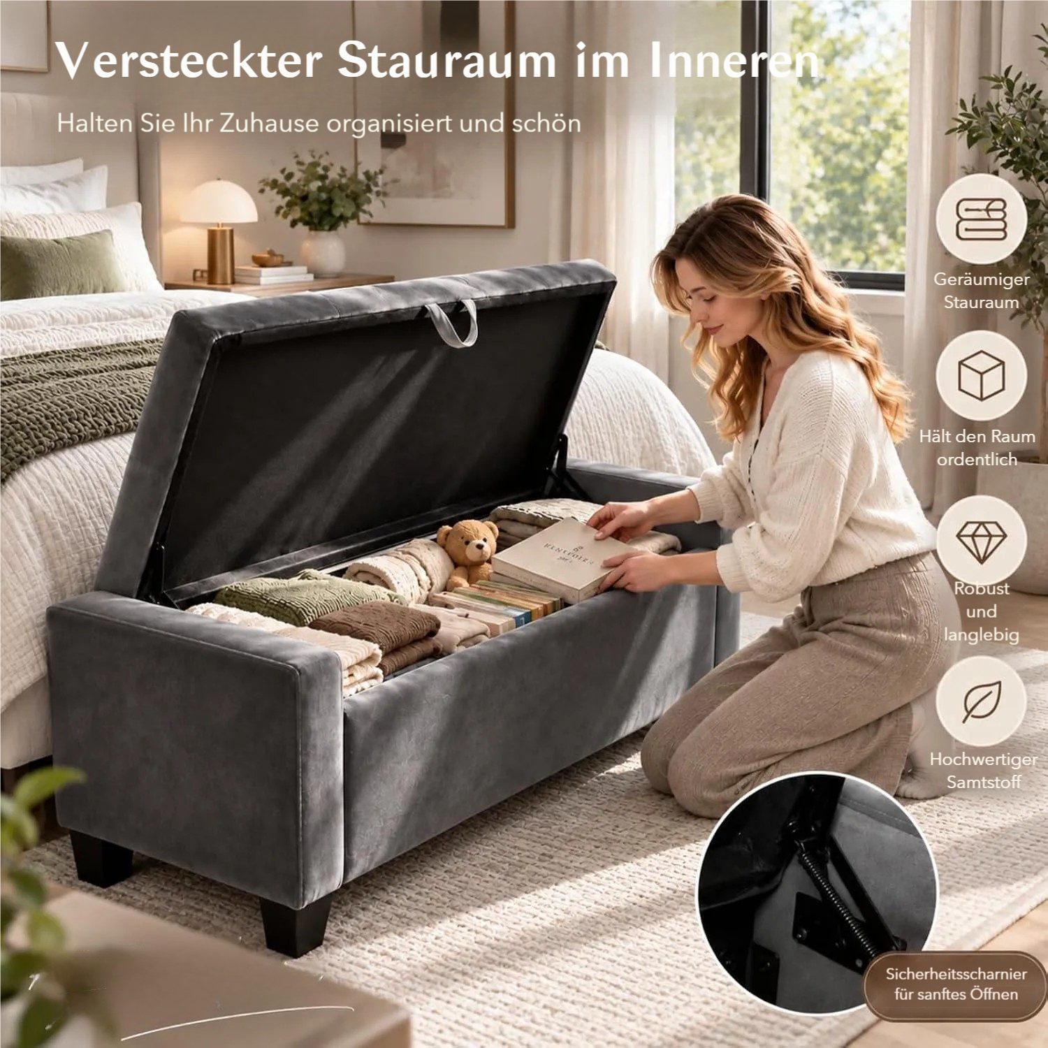 TLGREEN Bettbank Samt Sitzbank mit Stauraum,123x49x42 cm Aufbewahrungsbank, (bis 200 kg belastbar), für Wohnzimmer Schlafzimmer Flur – Bild 4 von 5