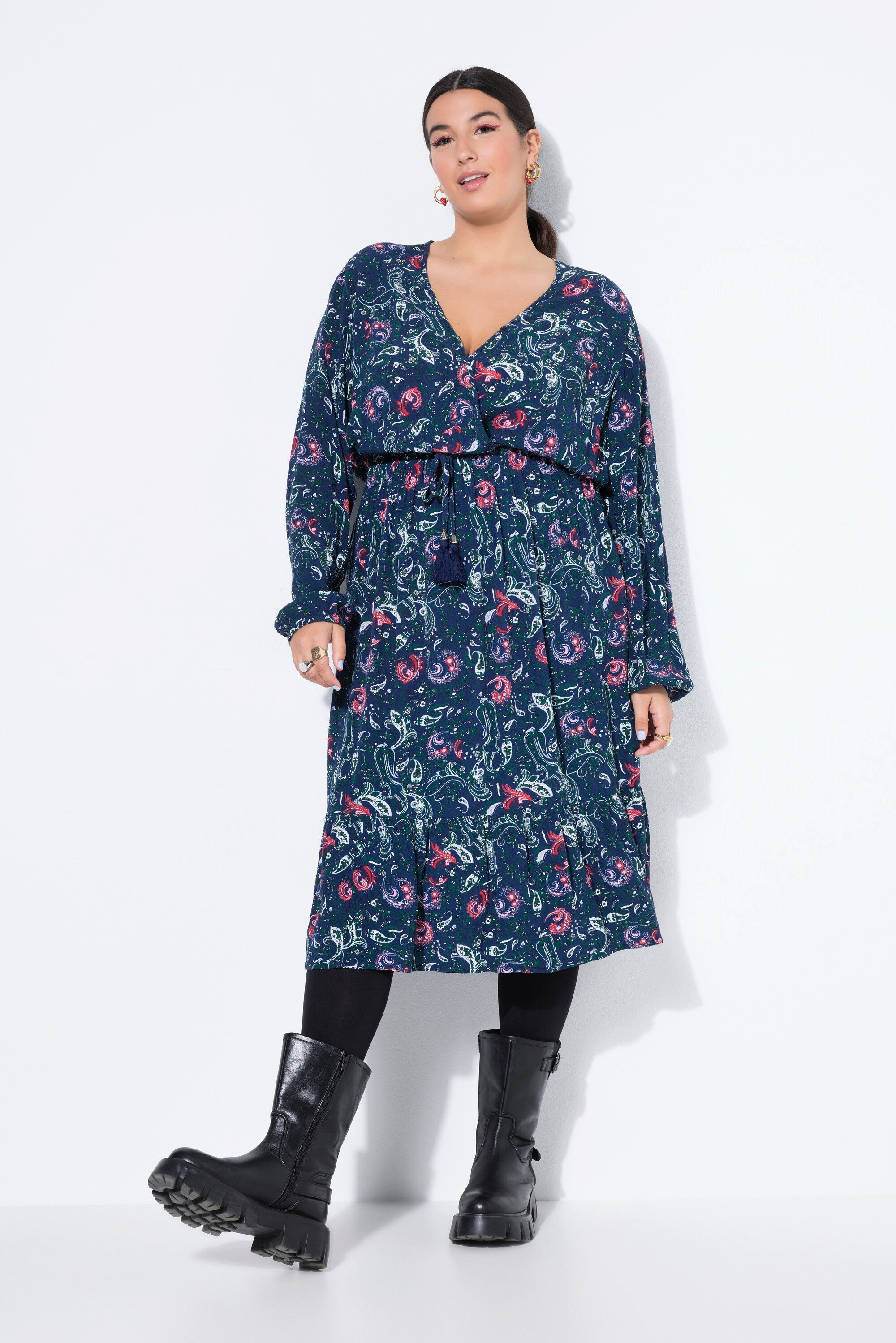 Maxikleid Maxikleid Alloverprint V-Ausschnitt Saumvolant