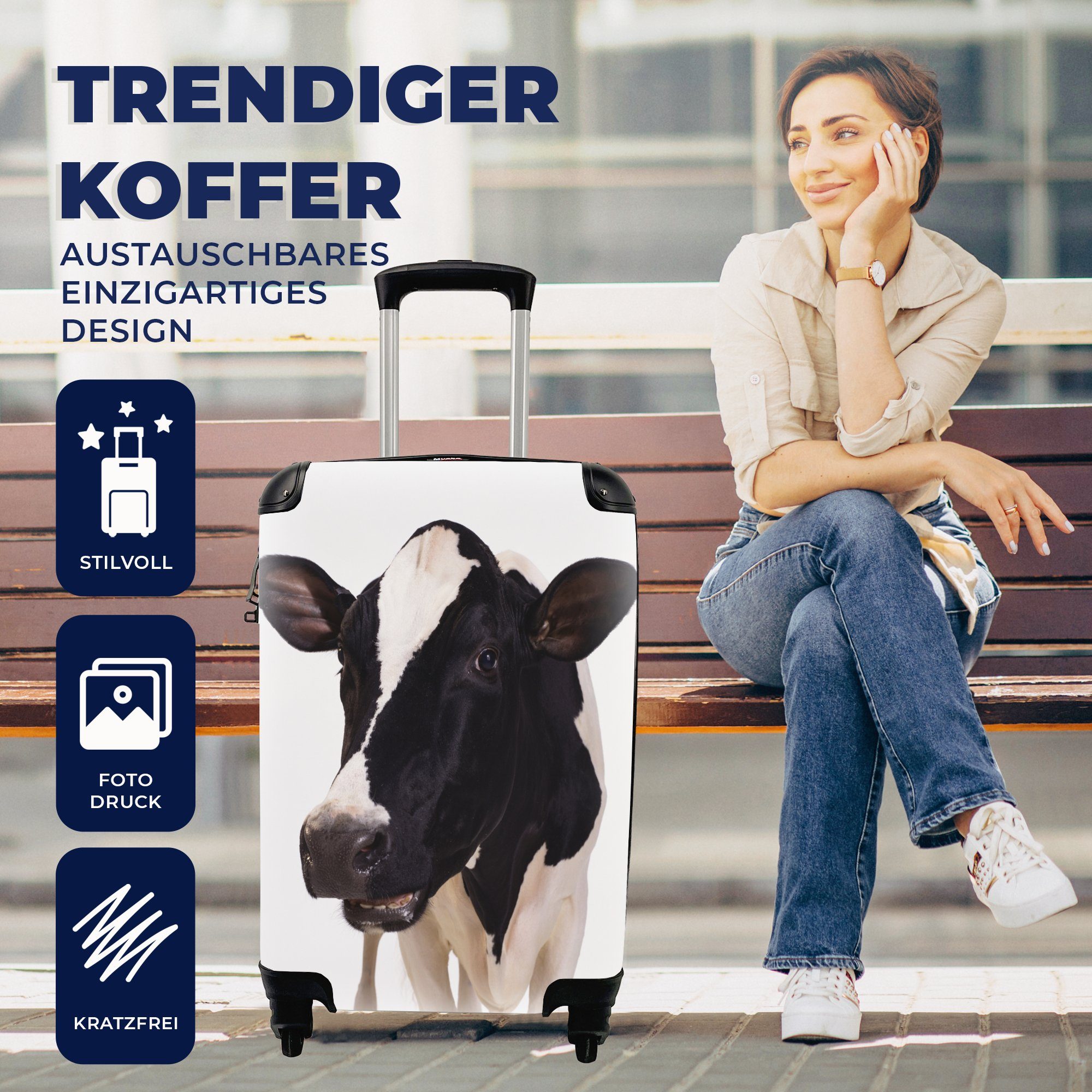 MuchoWow Handgepäckkoffer Kuh 4 Weiß - Rollen, Reisekoffer Tiere - Ferien, für Trolley, mit Reisetasche Schwarz, - rollen, Handgepäck