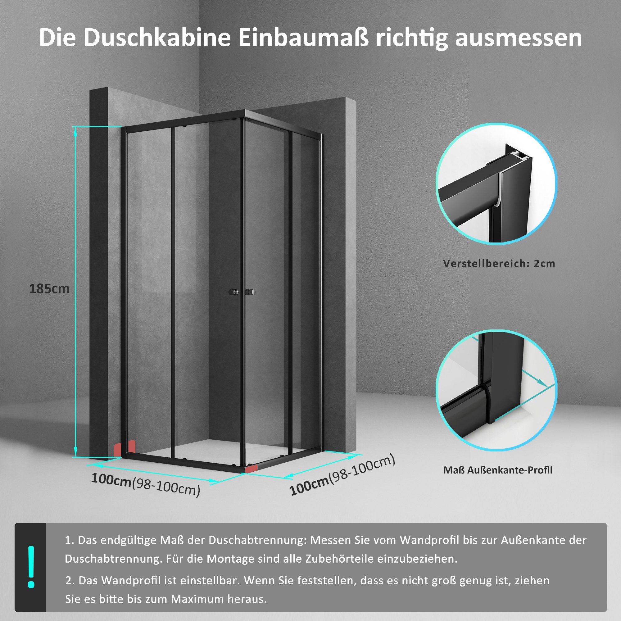 Boromal Eckdusche Duschkabine 100x100 Schwarz Chrom H:185cm Schiebetür Eckeinstieg, BxT: 100x100 cm, 5mm ESG Sicherheitsglas, Duschwand für Dusche, (980-1000)x(980-1000)mm, Alu Rahmen, Aluprofile, Doppelten Türrollen, Schnellfreigabefunktion