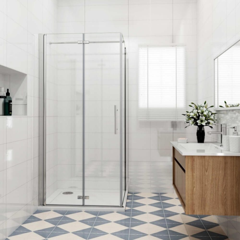 Duschparadies Eckdusche 185cm 6mm ESG chrom Scharniertür Drehtür Schwingtür Schwenktür, BxT: 70x70 cm, Einscheibensicherheitsglas, ebenerdiger Einbau möglich
