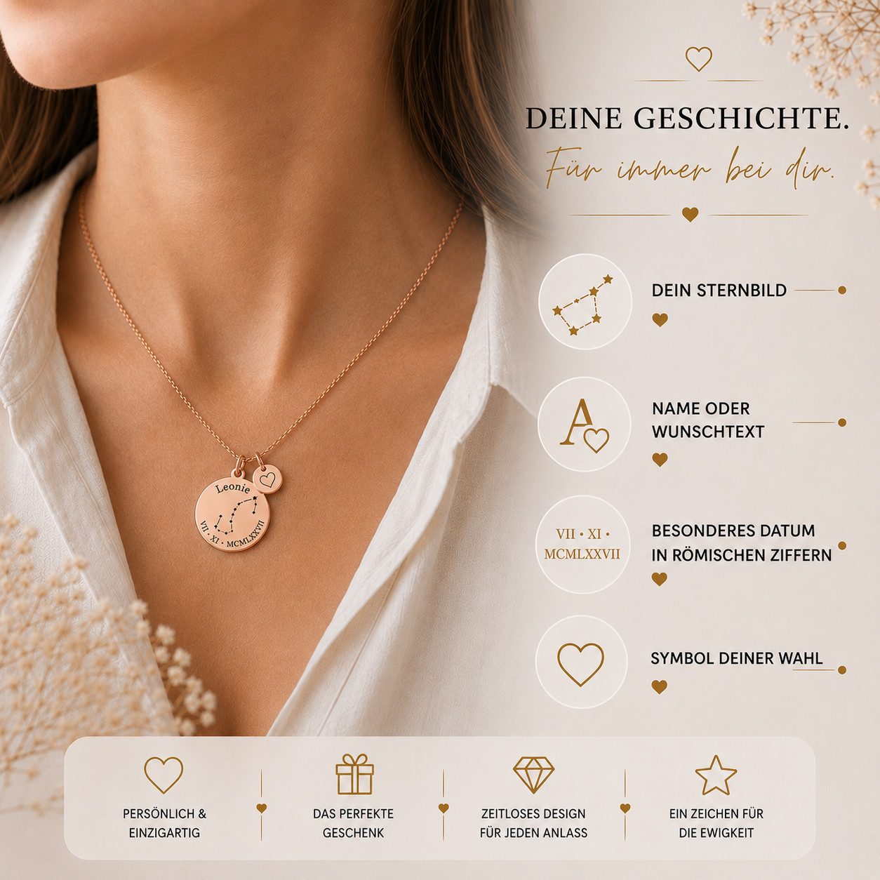 BS Schmuckdesign Kette mit Anhänger mit Gravur Personalisierte Halskette Damen Sternbild Gravur Römische Zahlen (inkl. Gravur), vollständig personalisierbar inkl. Geschenkbox
