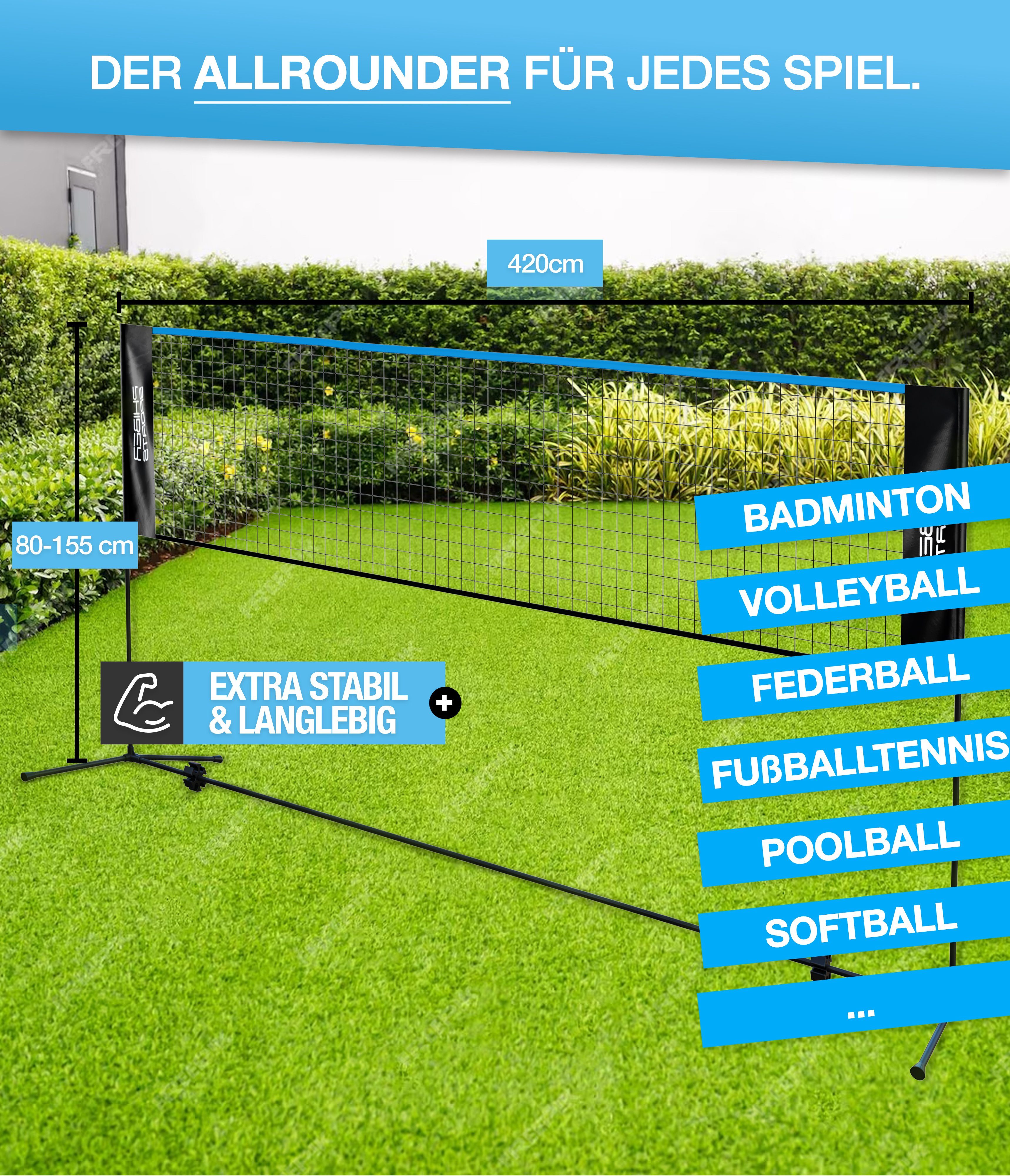 PHIBER-SPORTS Badmintonnetz PHIBER-SPORTS Badminton Netz, Federballnetz (420cm, 3-Fach Höhenverstellbar + Anzeigetafel, – Auch als Tennisnetz, Volleyballnetz Pool, Fussballtennis), Inkl. Transporttasche, für Indoor & Outdoor