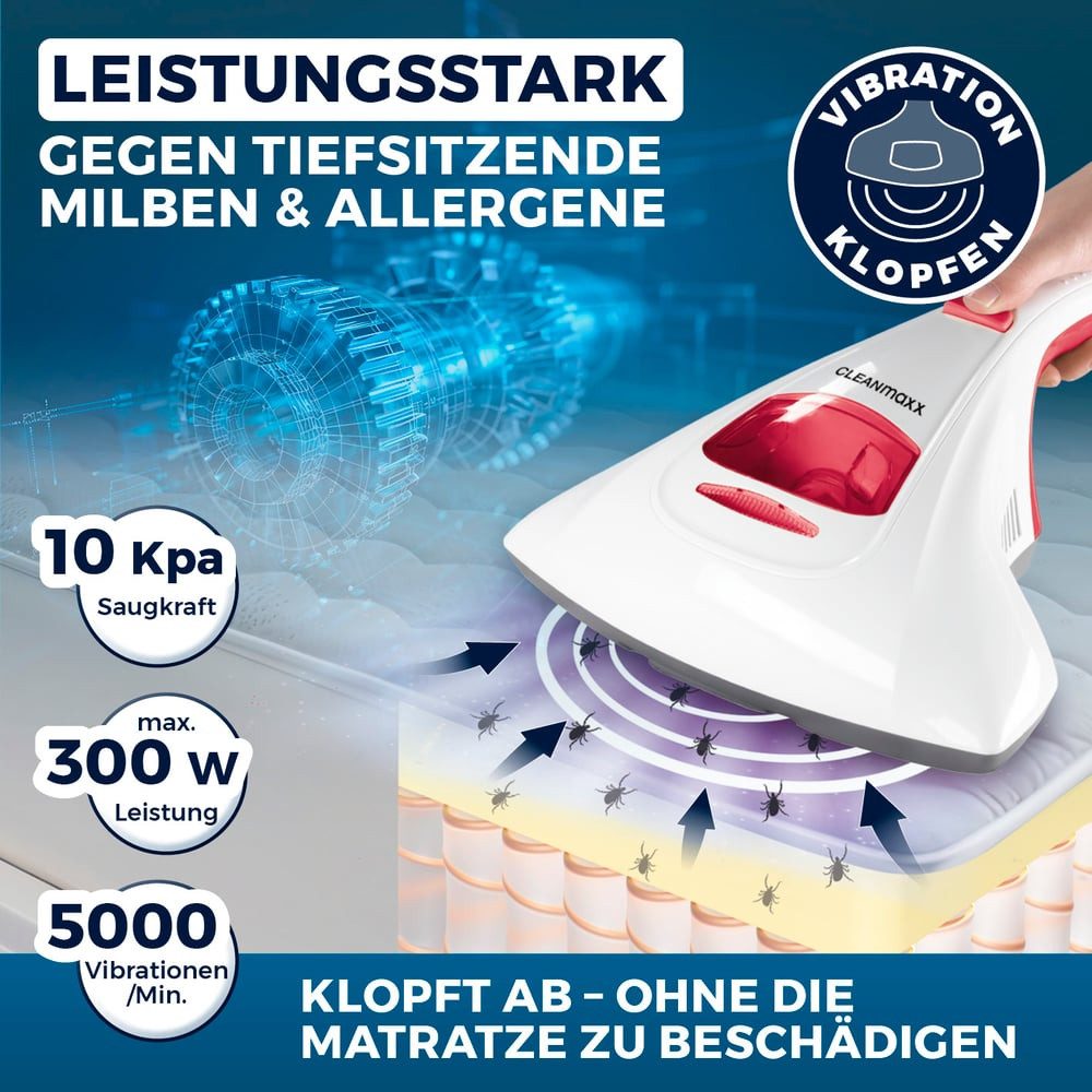 CLEANmaxx Matratzenreinigungsgerät Milbensauger Vibration, 300 W, Effektive Allergenbekämpfung durch UV-C-Licht und Feinstaubfilter