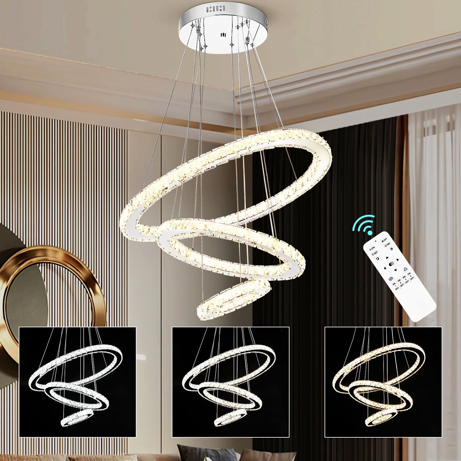 oyajia Deckenleuchte 36W/60W LED Deckenlampe, Kristall Kronleuchter Oval Ring Pendelleuchte, LED fest integriert, Kaltweiß/Naturweiß/Warmweiß, Dimmbar mit Fernbedienung, für Wohnzimmer Schlafzimmer Restaurant Hotel