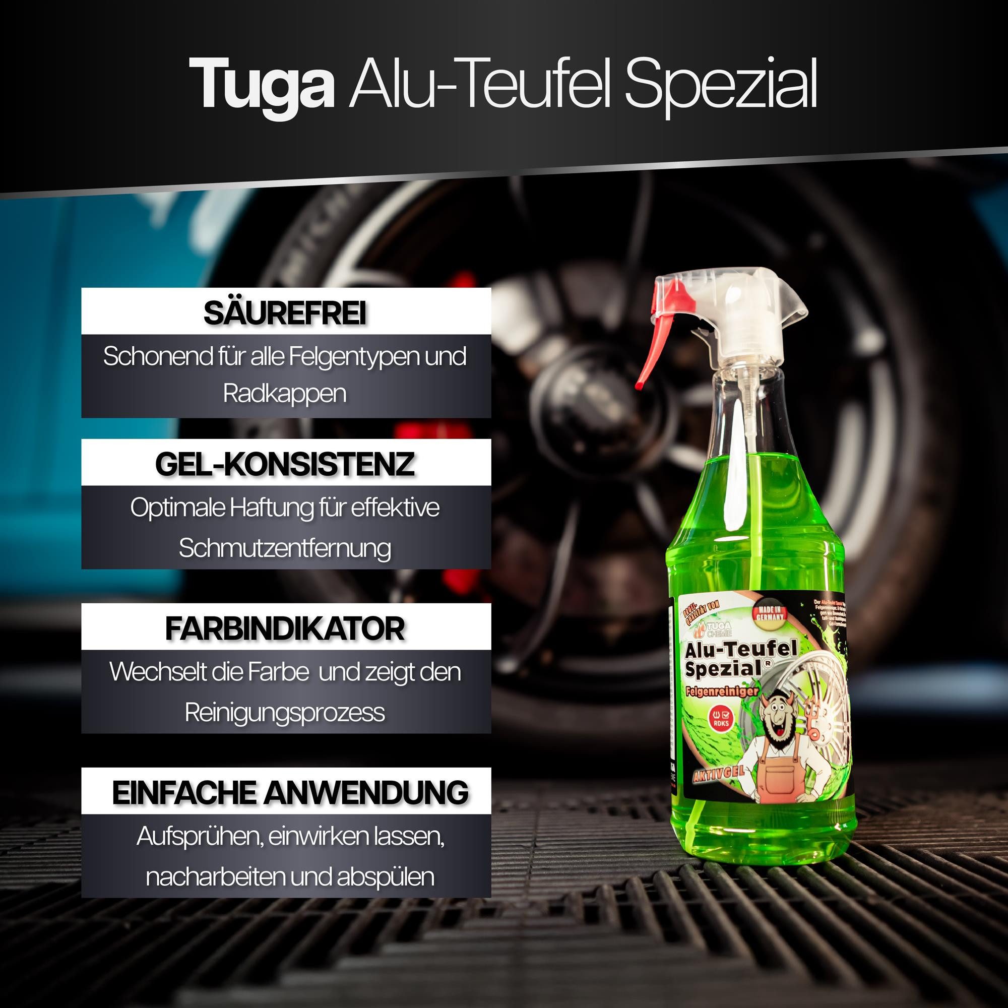 autopflege Felgenreiniger Set Tuga Alu Teufel Spezial 1 lLiter Felgenreiniger (2-St. + Felgenbürste lang, Felgenpflege, Alufelgen Reiniger)