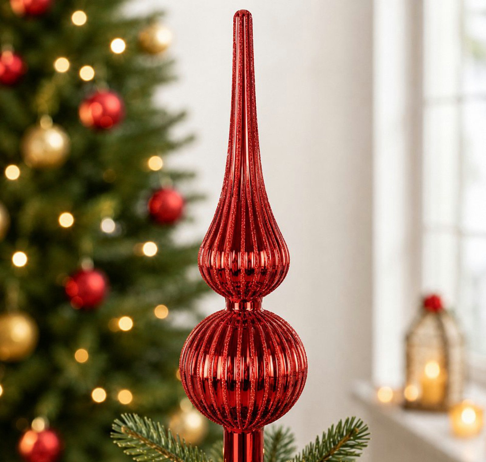 Koopman Christbaumspitze Baumspitze Glas Rot 30cm (1-tlg), Glas, Leichtgewichtig, 30cm hoch, Weihnachten – Bild 2 von 5
